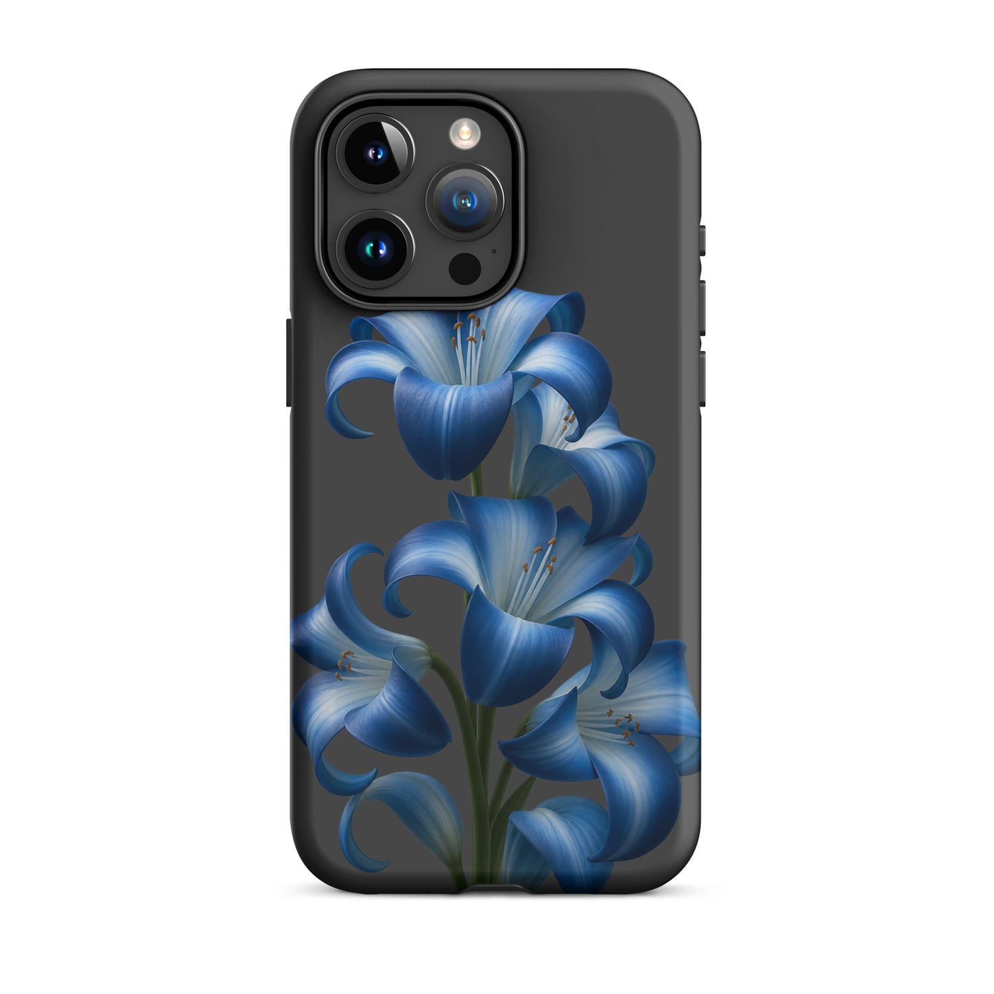 Phone Case for iPhone with blue lily bloom art on dark background, showcasing floral design and durable dual-layer protection.