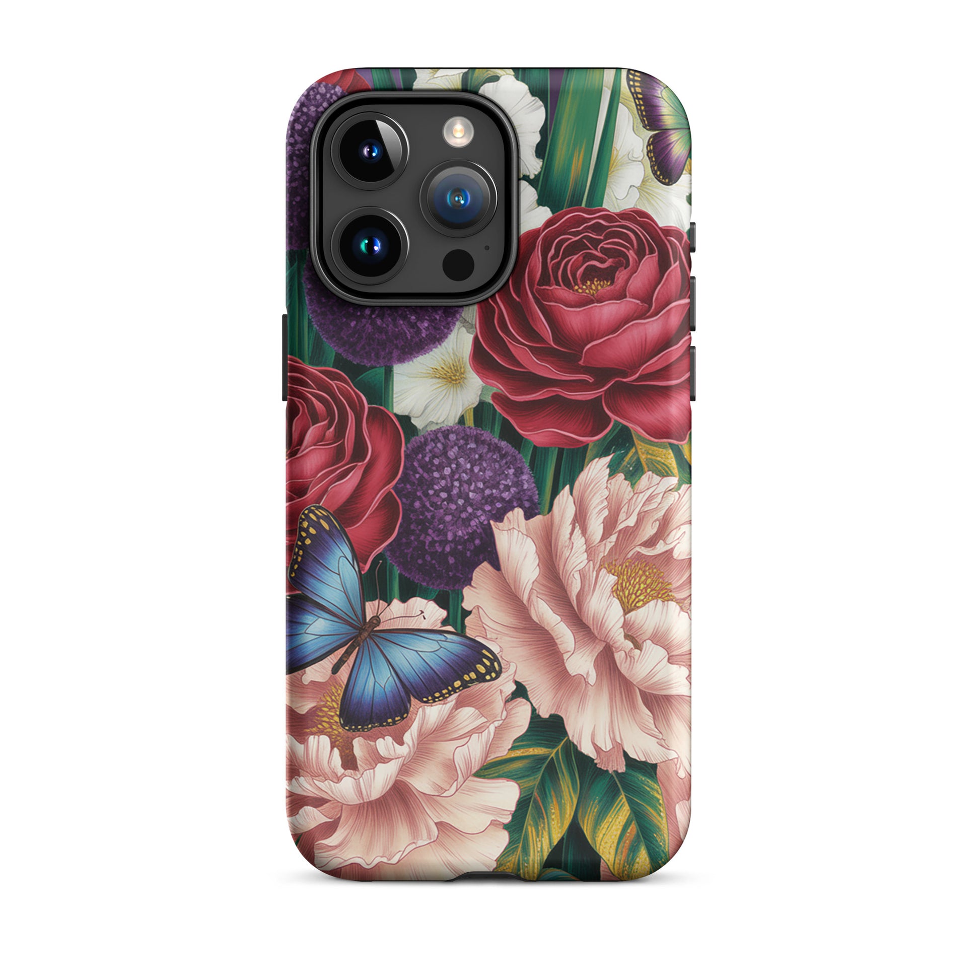 Phone Case for iPhone with floral design featuring crimson roses, pink peonies, purple alliums, and blue butterflies, Botanical Garden Bloom.