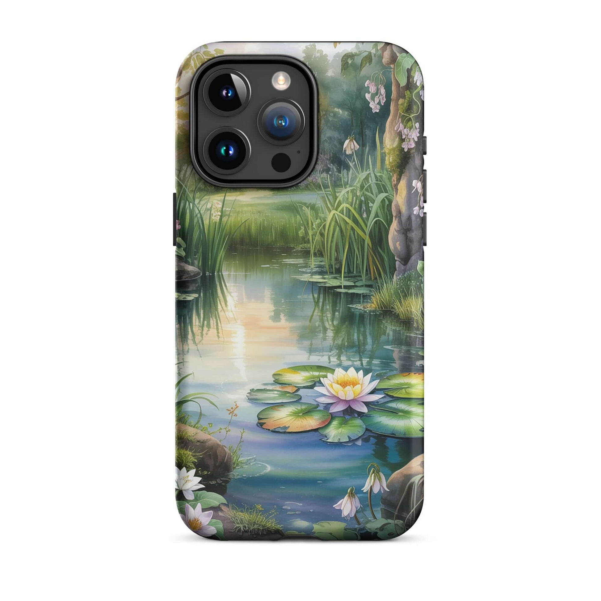 Phone Case for iPhone with enchanted pond design, featuring glowing water lilies, lush greenery, and sunset reflections.