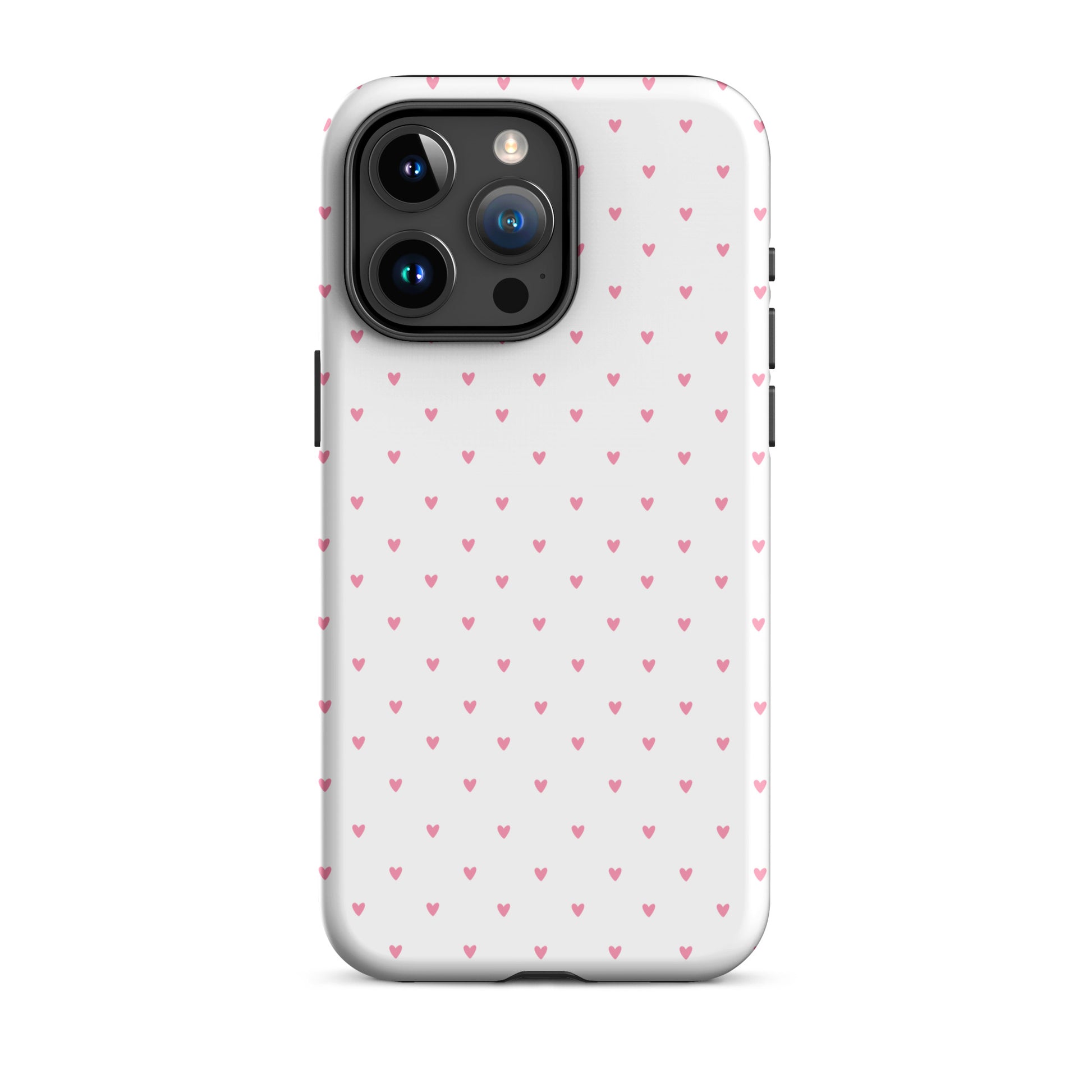 Phone Case with heart-dot pattern for iPhone, featuring playful and stylish design on a bold white background.