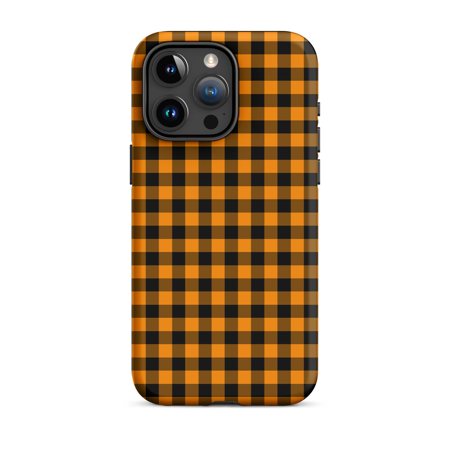 Black-and-orange gingham phone case for iPhone with fall theme design.