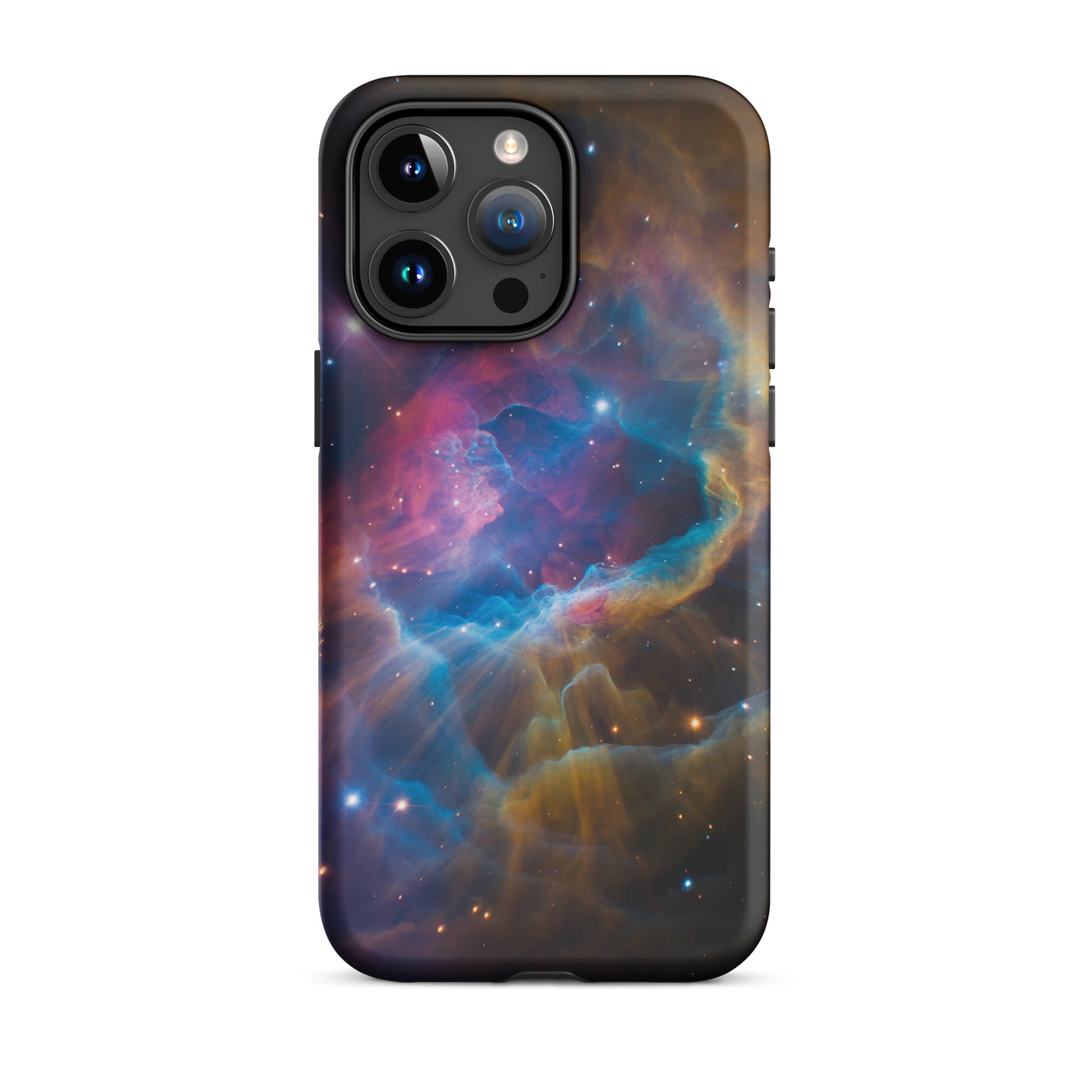 Phone Case for iPhone featuring vibrant nebula design in blues, oranges, and pinks, Nebula Cosmic Dreamscape Starburst Edition.