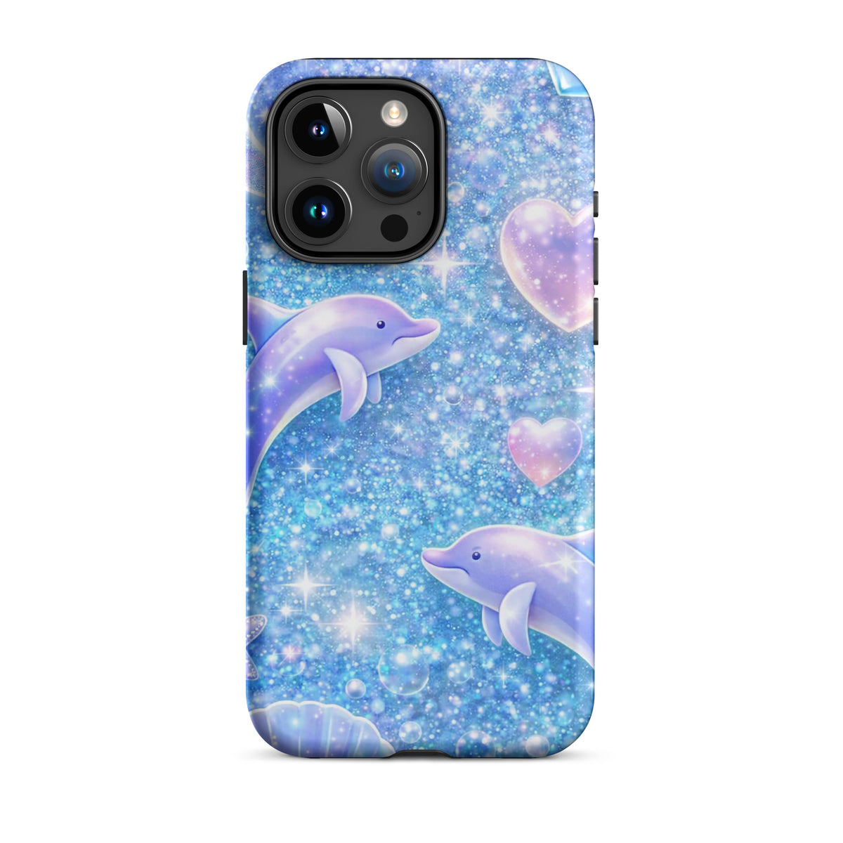 Phone Case for iPhone featuring ocean glitter design with dolphins, moons, and shells against a shimmering night sky background.