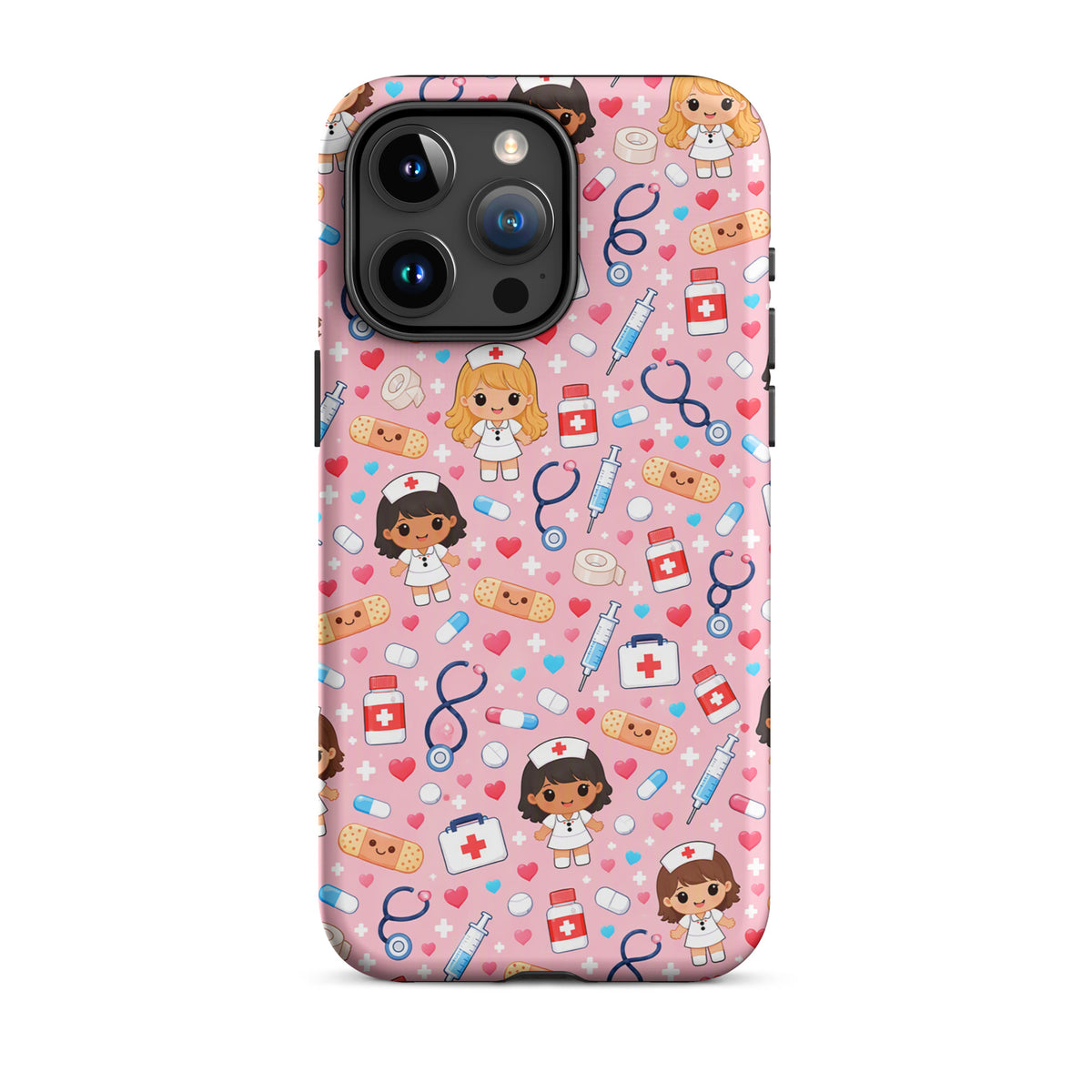 Phone Case with kawaii nurse medical pattern on pink background, featuring nurse characters, stethoscopes, and medical tools.