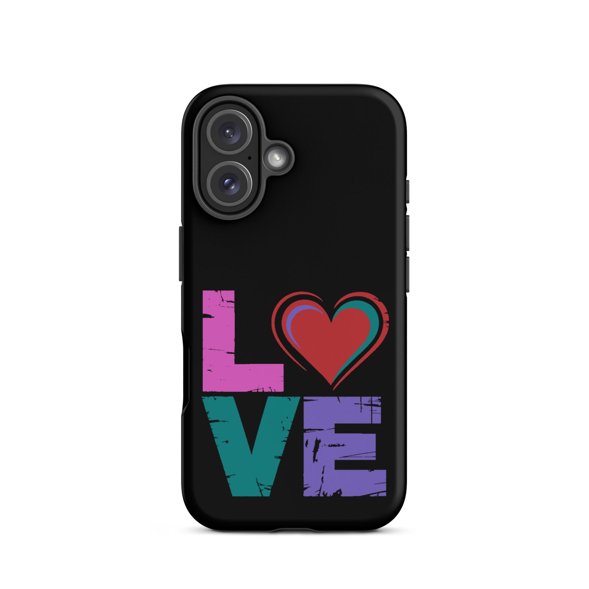 Love Tough Dual Layered Case for iPhones featuring a colorful love design with a heart.