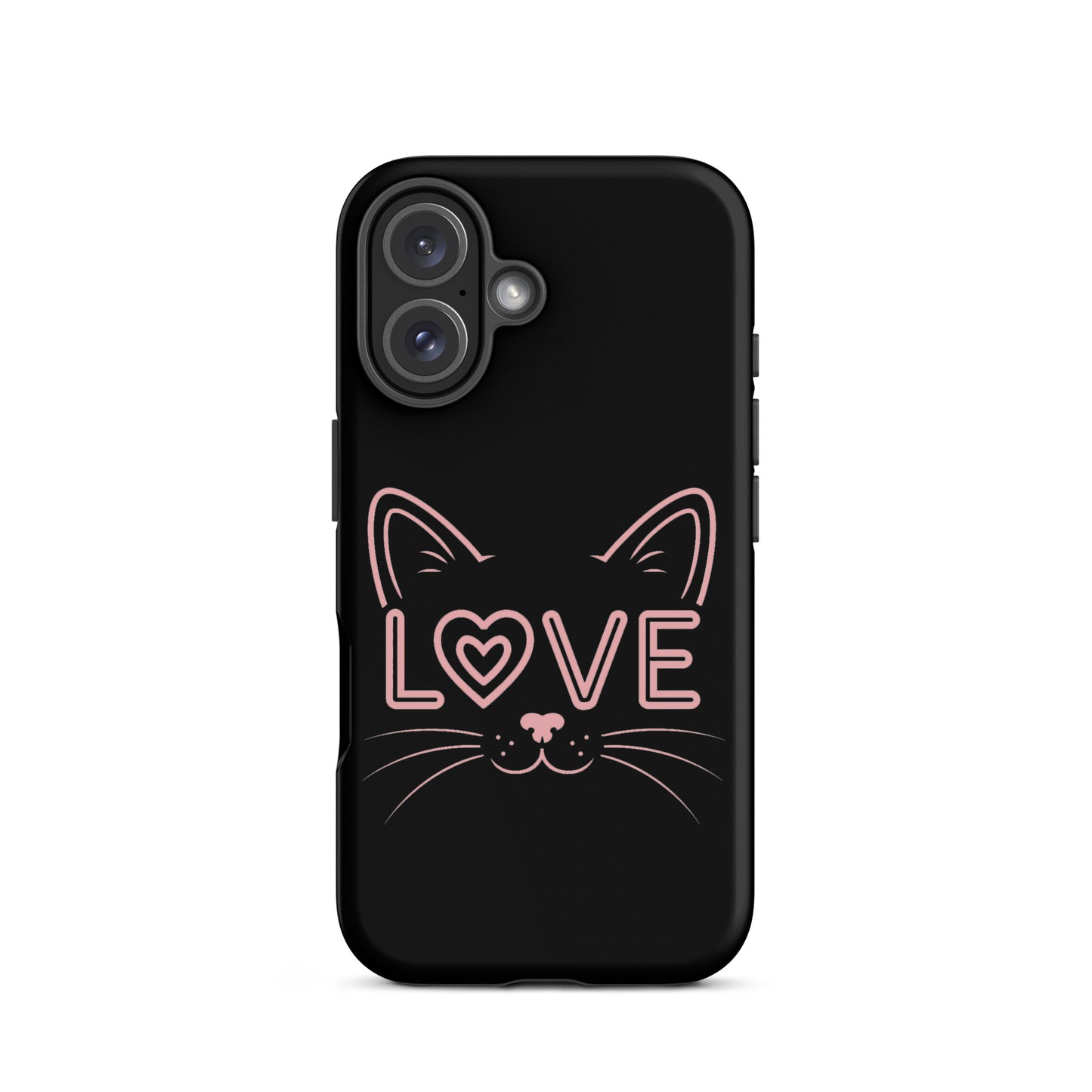Cat Love Phone Case featuring a minimalist cat face design with the word 'LOVE' on a black background.
