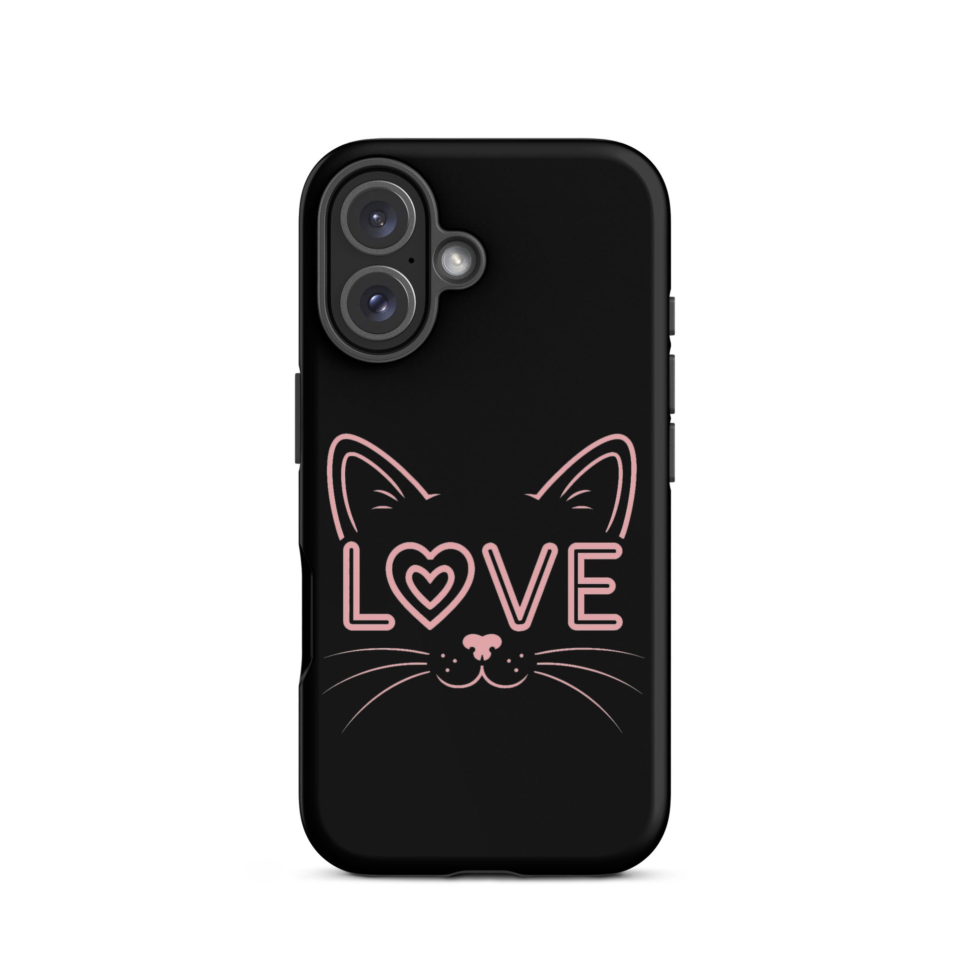 Cat Love Phone Case featuring a minimalist cat face design with the word 'LOVE' on a black background.