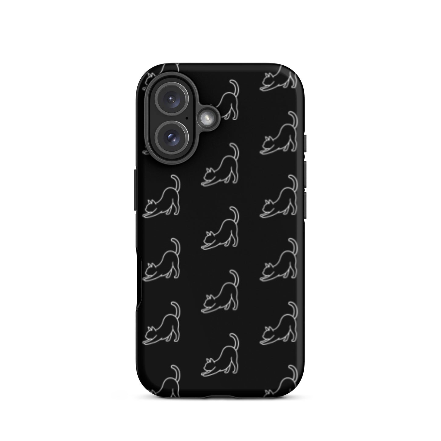 Phone Case for iPhone featuring minimalist stretching cat pattern on a sleek black background.