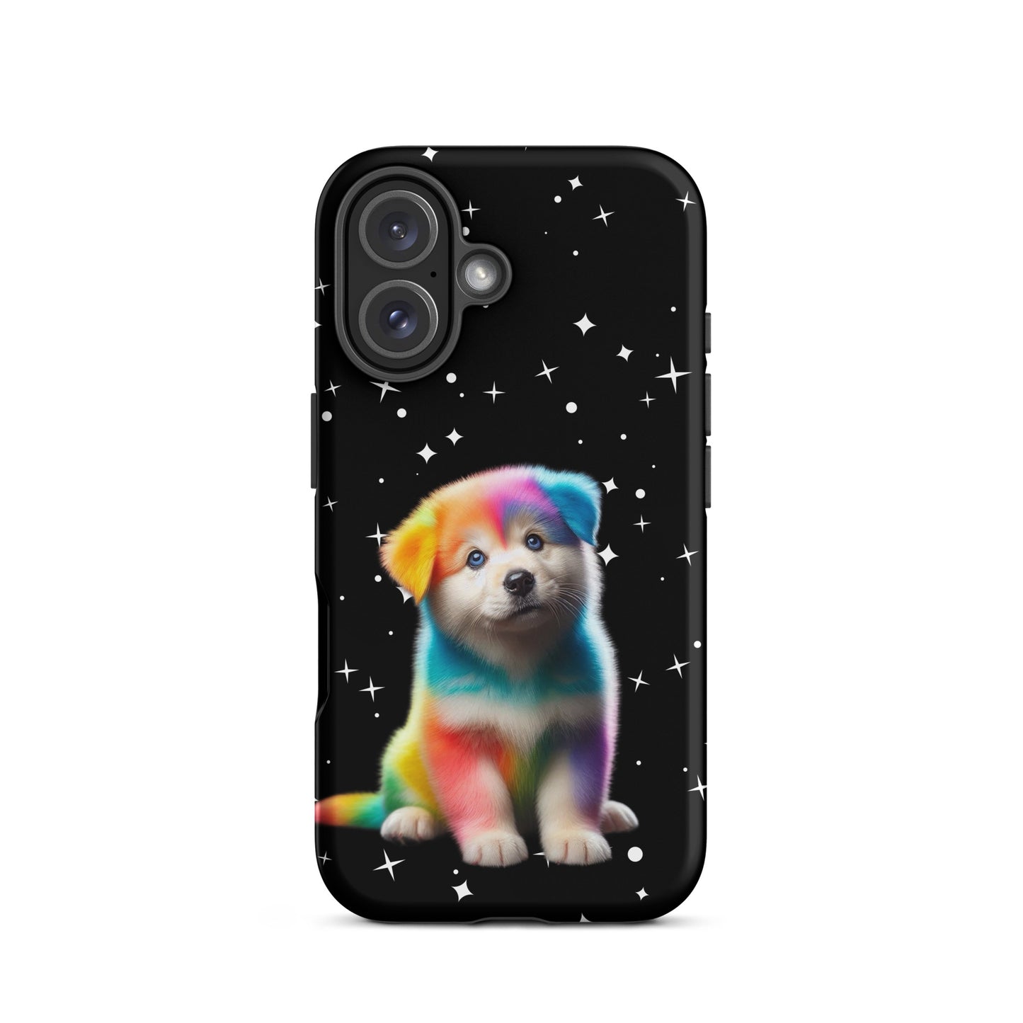Phone Case featuring a rainbow puppy design with a starry night background for iPhone.