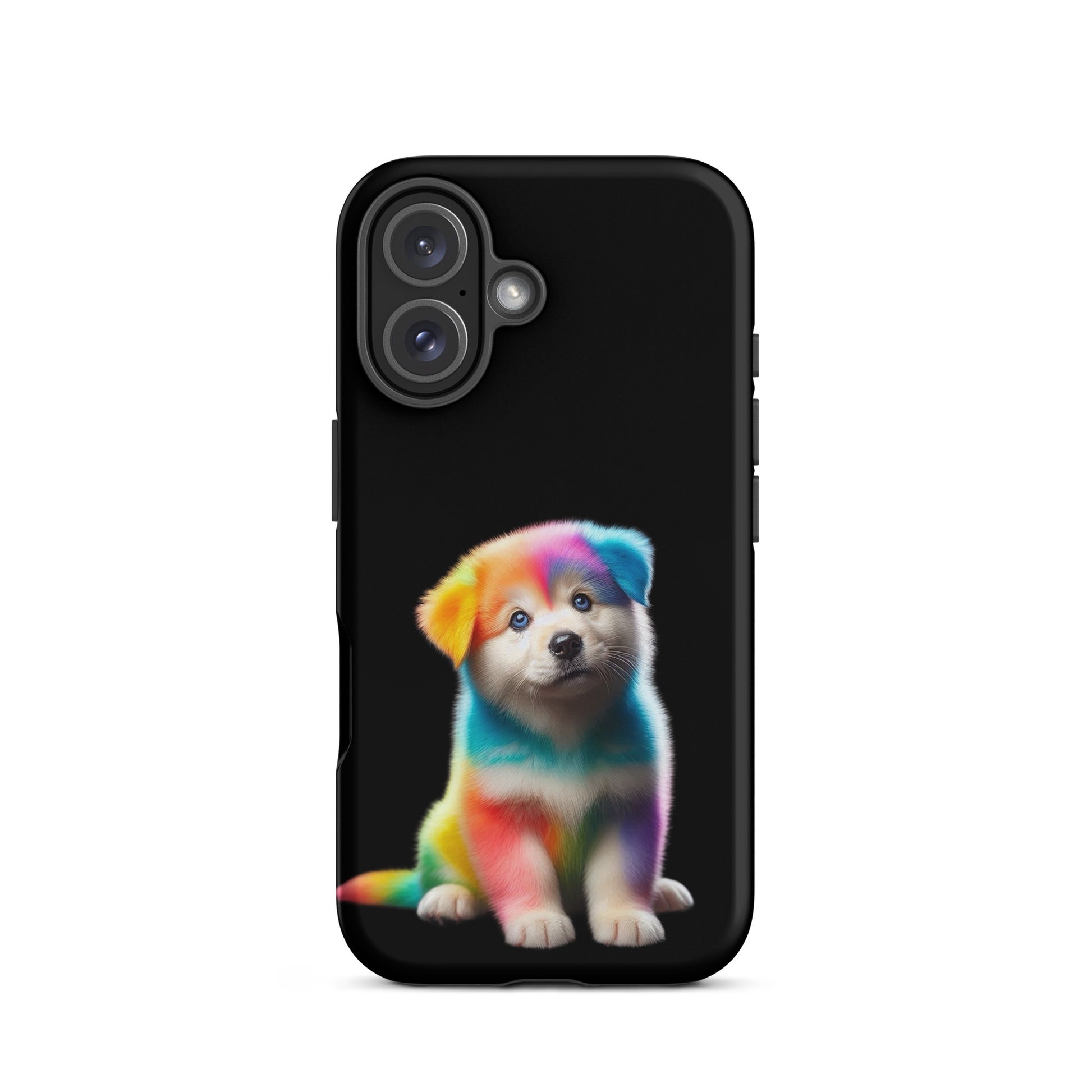 Phone Case featuring a colorful rainbow puppy design on a black background for iPhone.