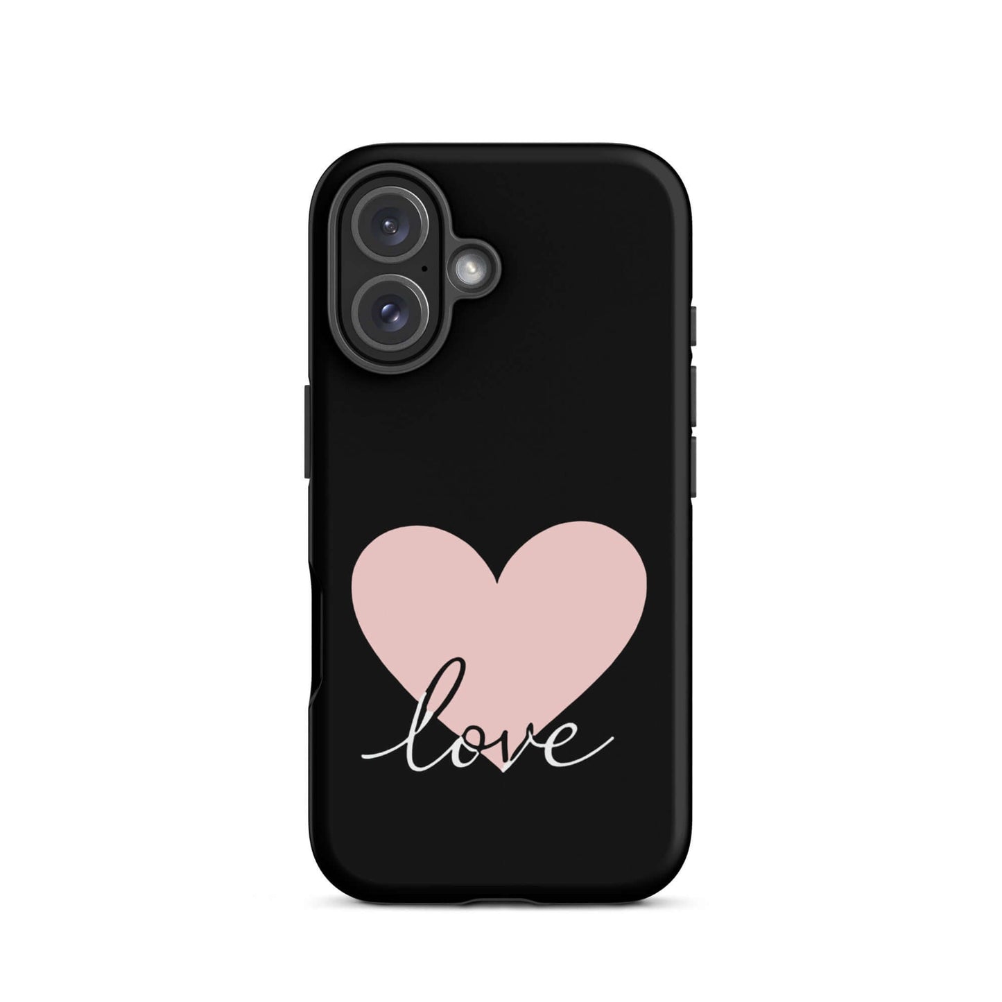Phone Case for iPhone featuring a pink heart and script love design on a black background.