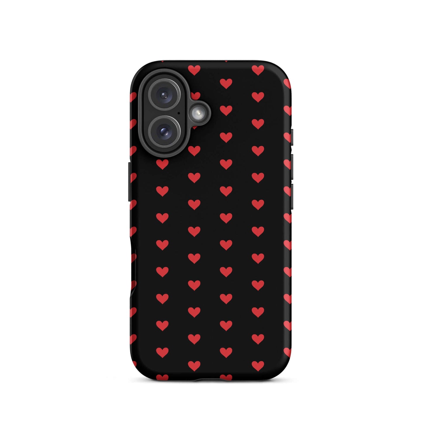 Phone Case for iPhone featuring a pattern of fiery red hearts on a black background, designed for style and protection.