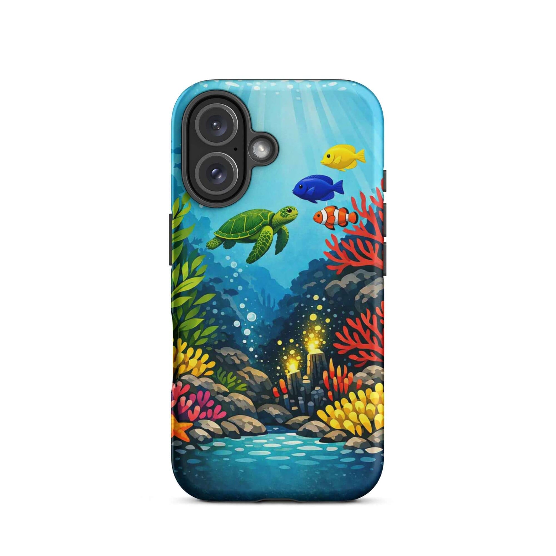 Phone case featuring vibrant sea turtle and coral reef design with underwater colors.