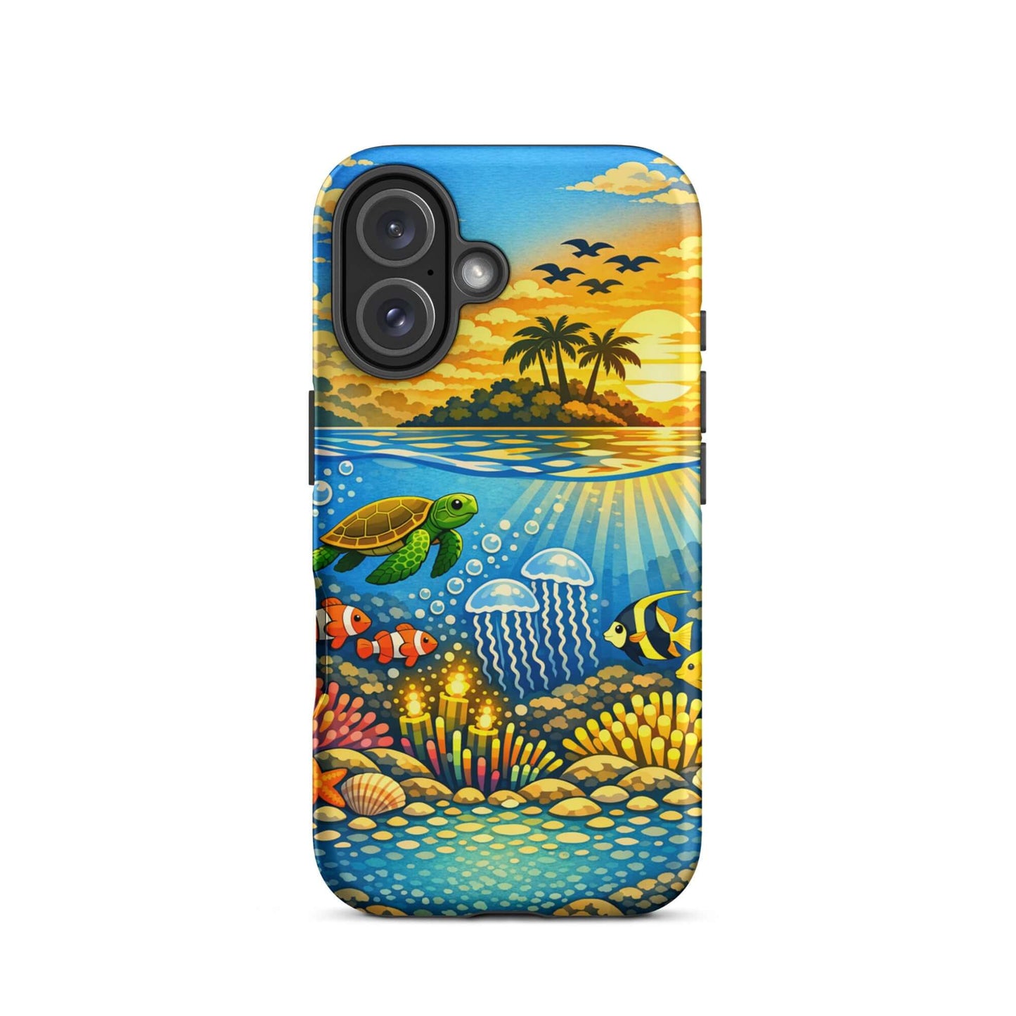 Phone Case for iPhone featuring tropical sunset and vibrant underwater reef.