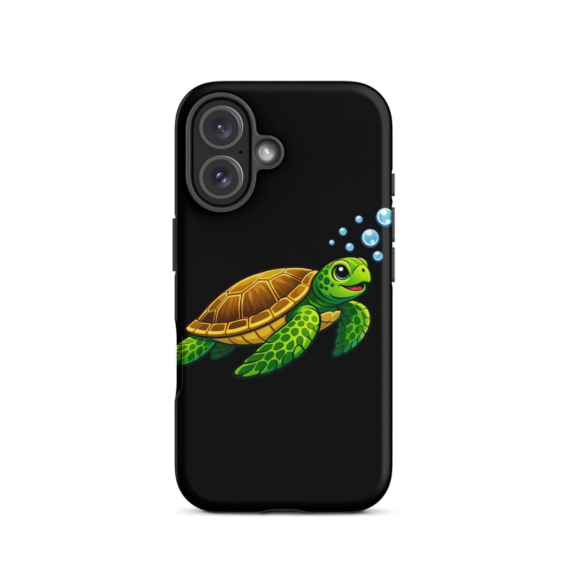 Phone Case featuring vibrant sea turtle artwork with bubbles on a black background.