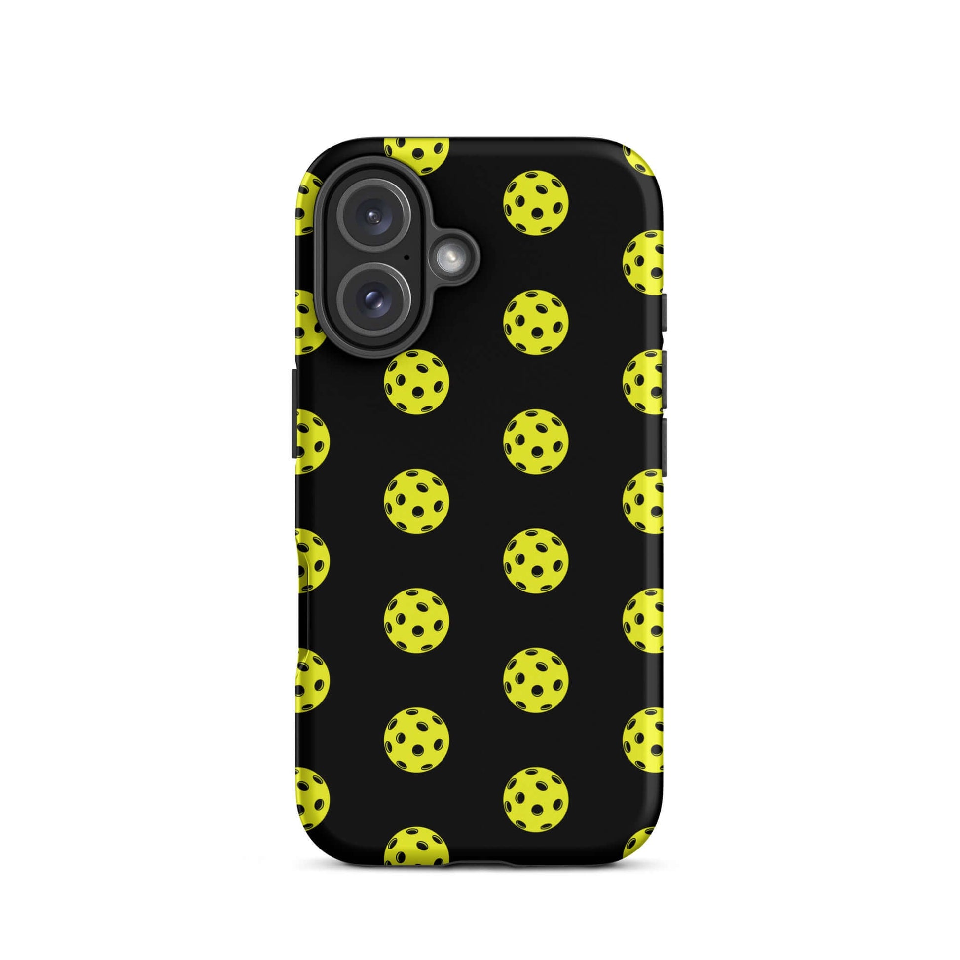 Phone Case featuring a bold pickleball pattern in yellow on a black background for sporty style.