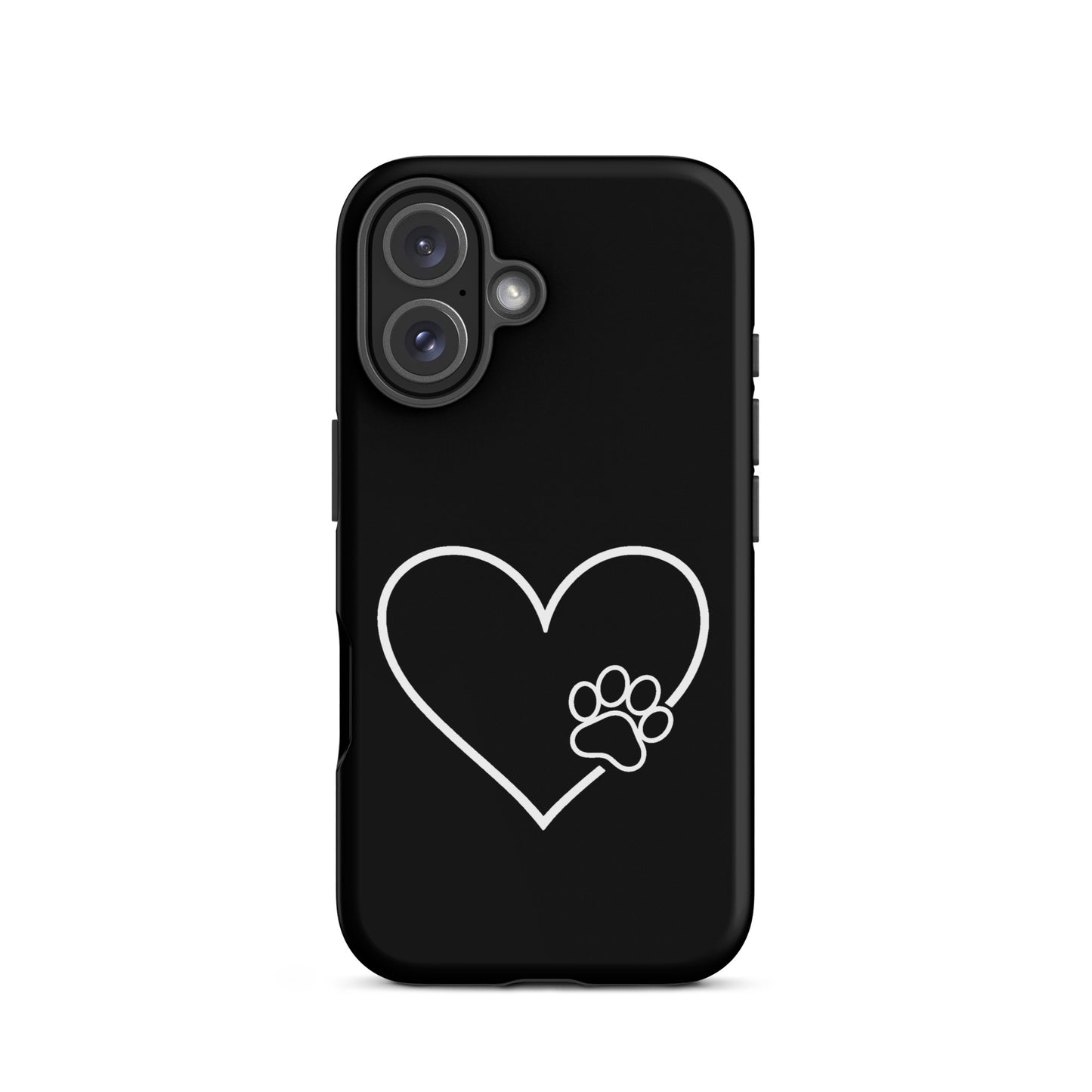 Phone Case with heart and paw print design for pet lovers, offers stylish protection for iPhone, black case with white outline.