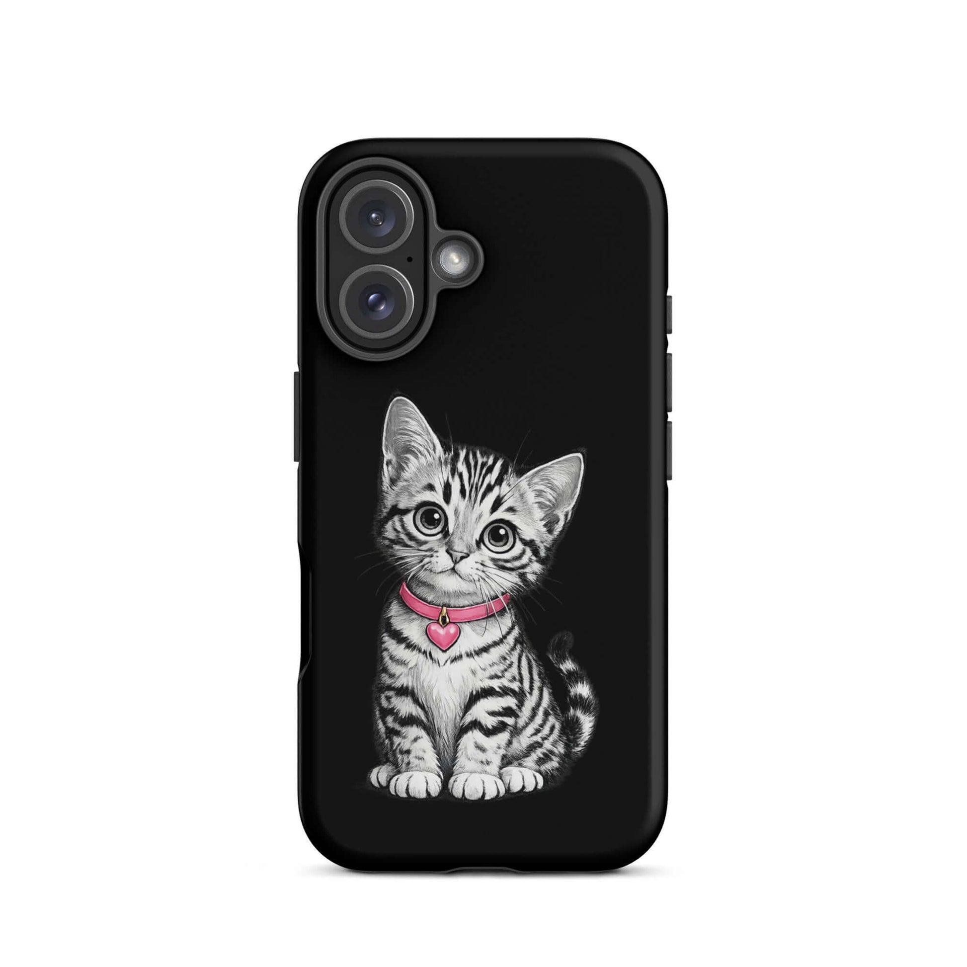 Phone Case with pencil sketch kittens, featuring pink heart charm on a collar, elegant black-and-white iPhone cover.