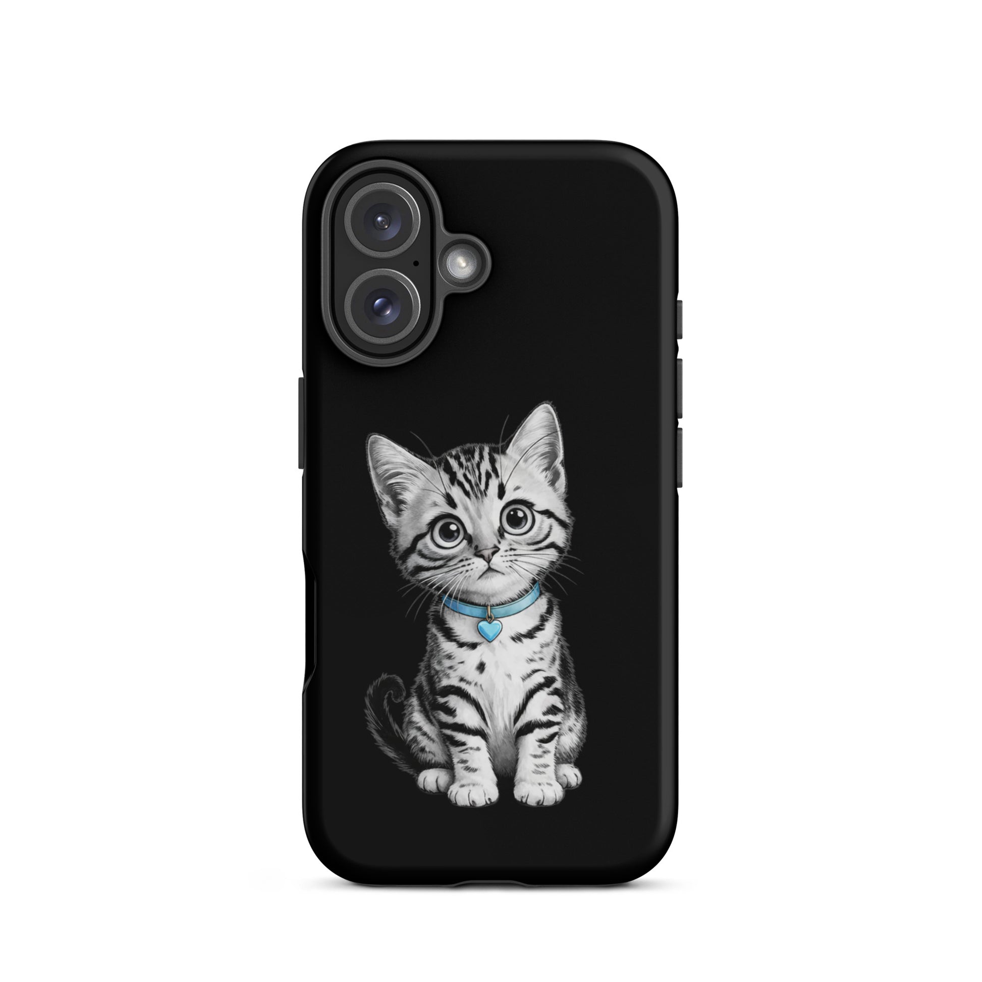 Phone Case for iPhone with kitten sketch and blue heart charm, featuring artistic black-and-white design for style and protection.