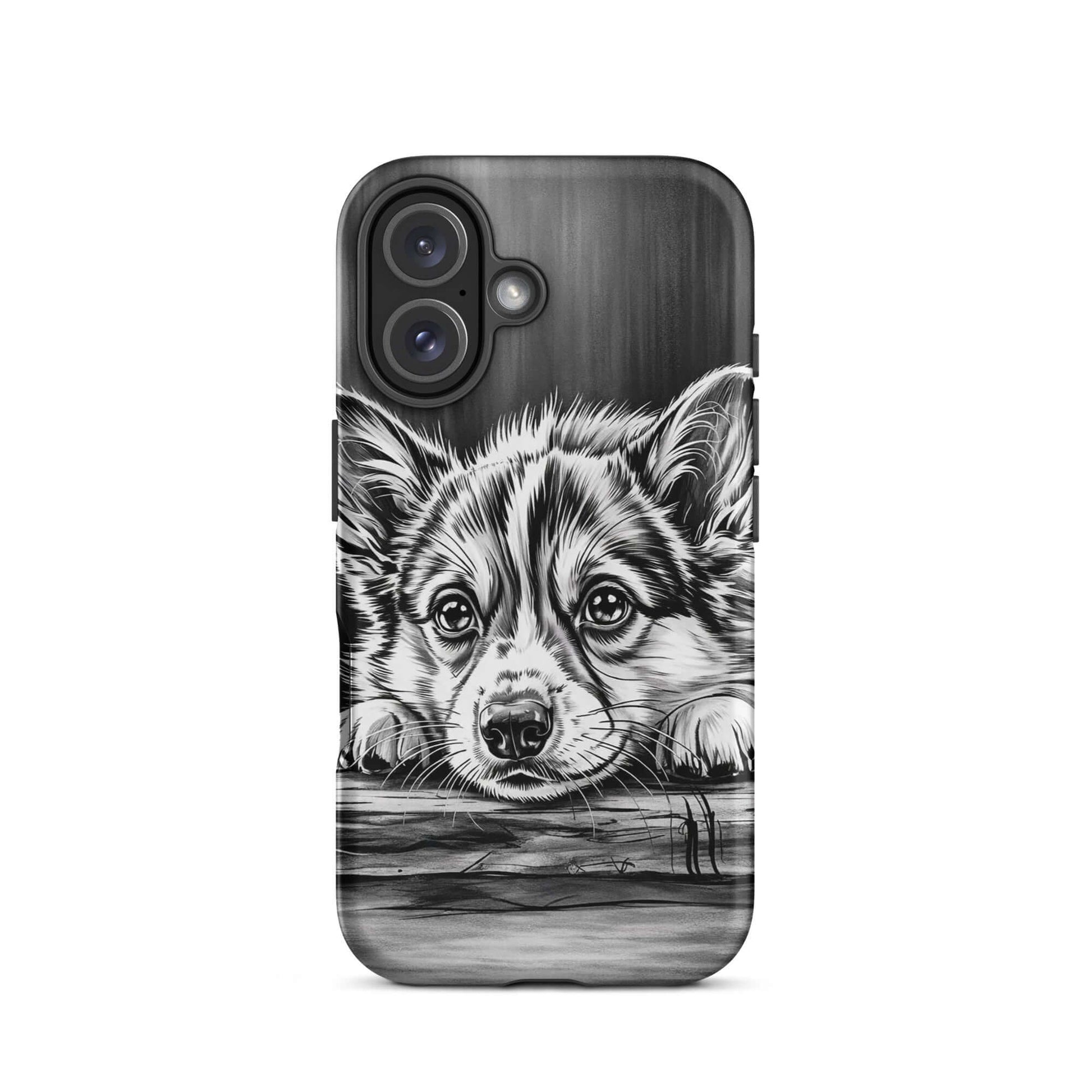 Phone Case featuring a black-and-white puppy illustration resting on wood, offering elegance and premium protection for iPhone.