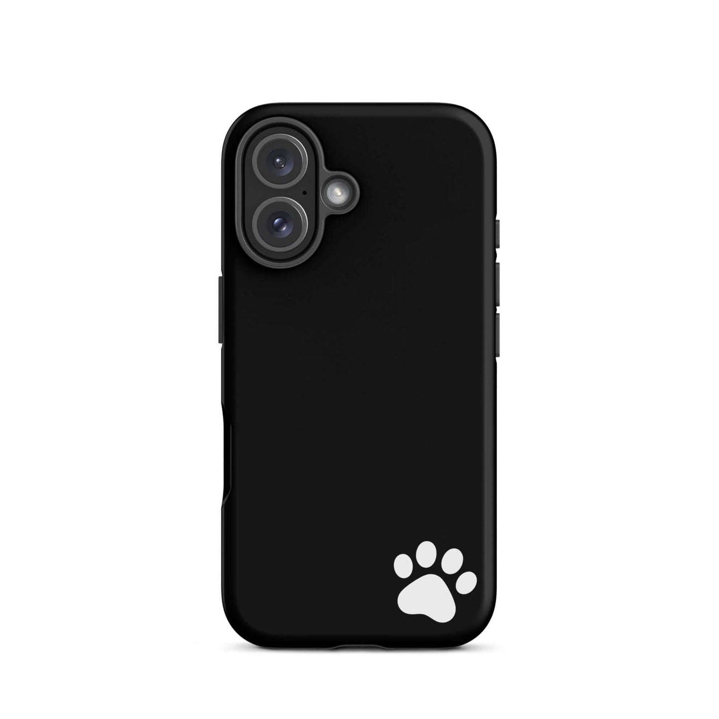 Phone Case for iPhone with black minimalist design featuring a white paw print in the lower right corner, sleek style for pet lovers.