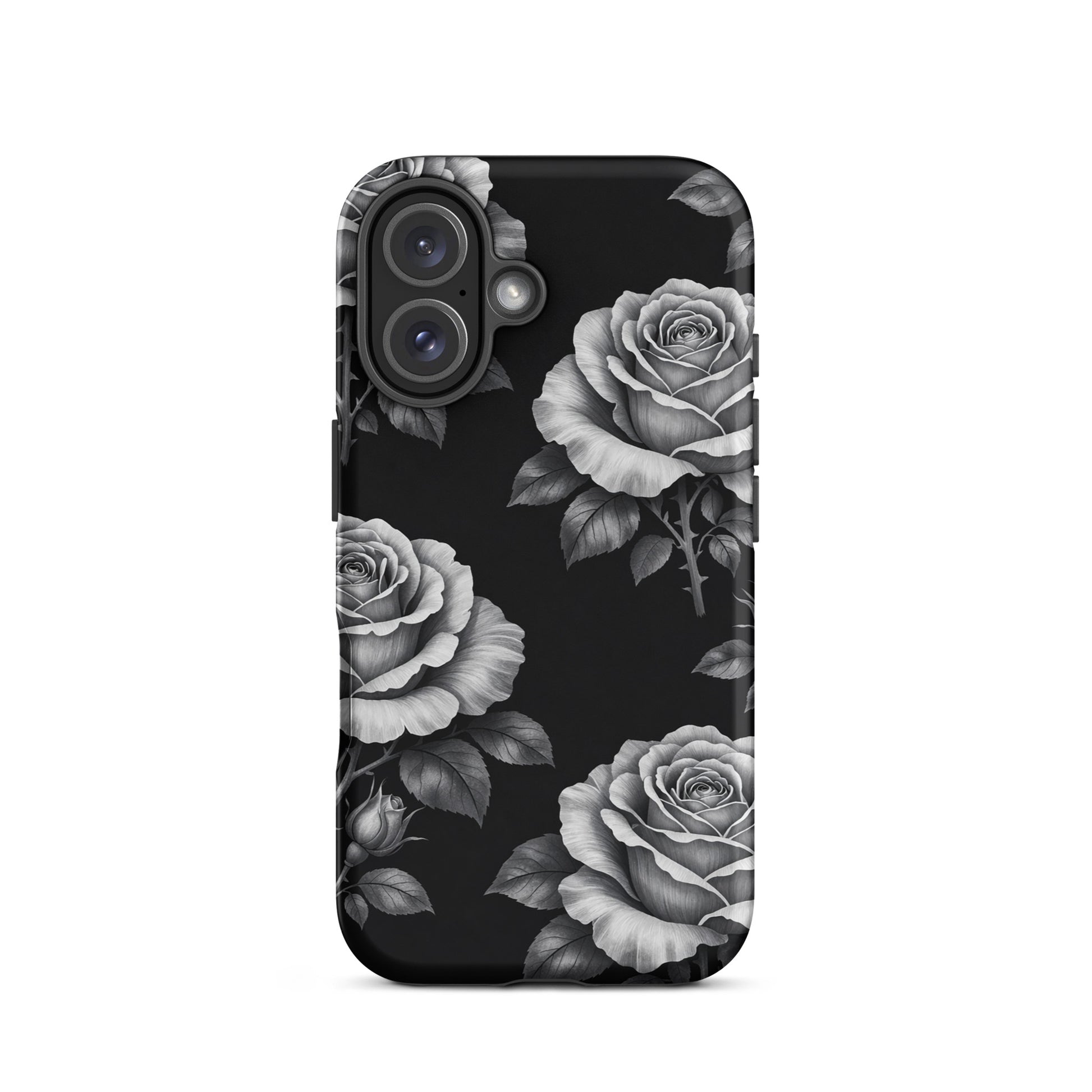 Phone Case for iPhone with rose garden design on black background, featuring hand-sketched roses for a stylish and elegant look.