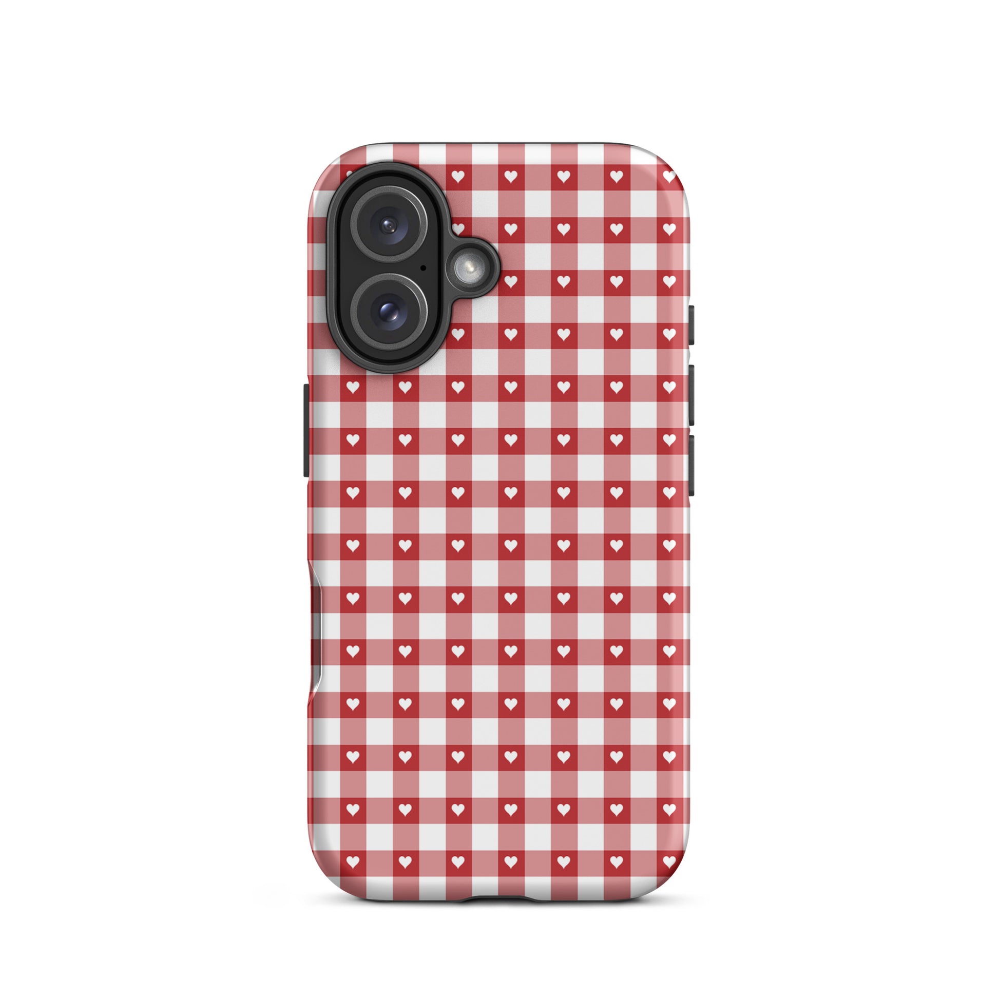 Phone Case with red‑and‑white gingham pattern, white hearts; chic style, durable protection for iPhone.