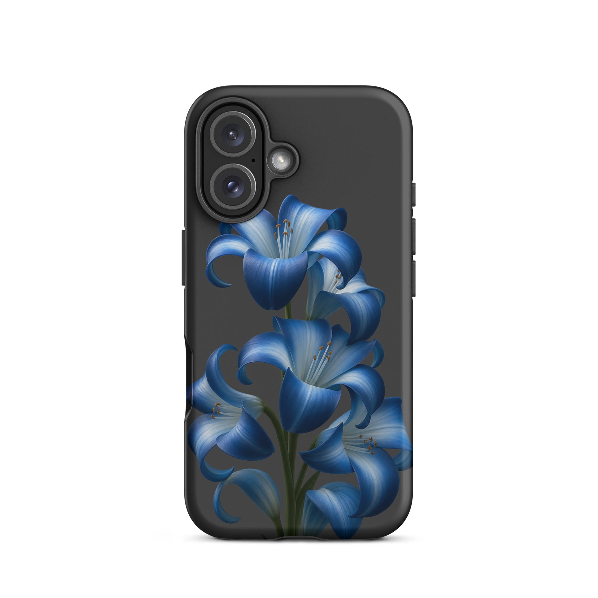 Phone Case for iPhone with blue lily artwork on a tough dark background, showcasing stylish floral design and premium protection.