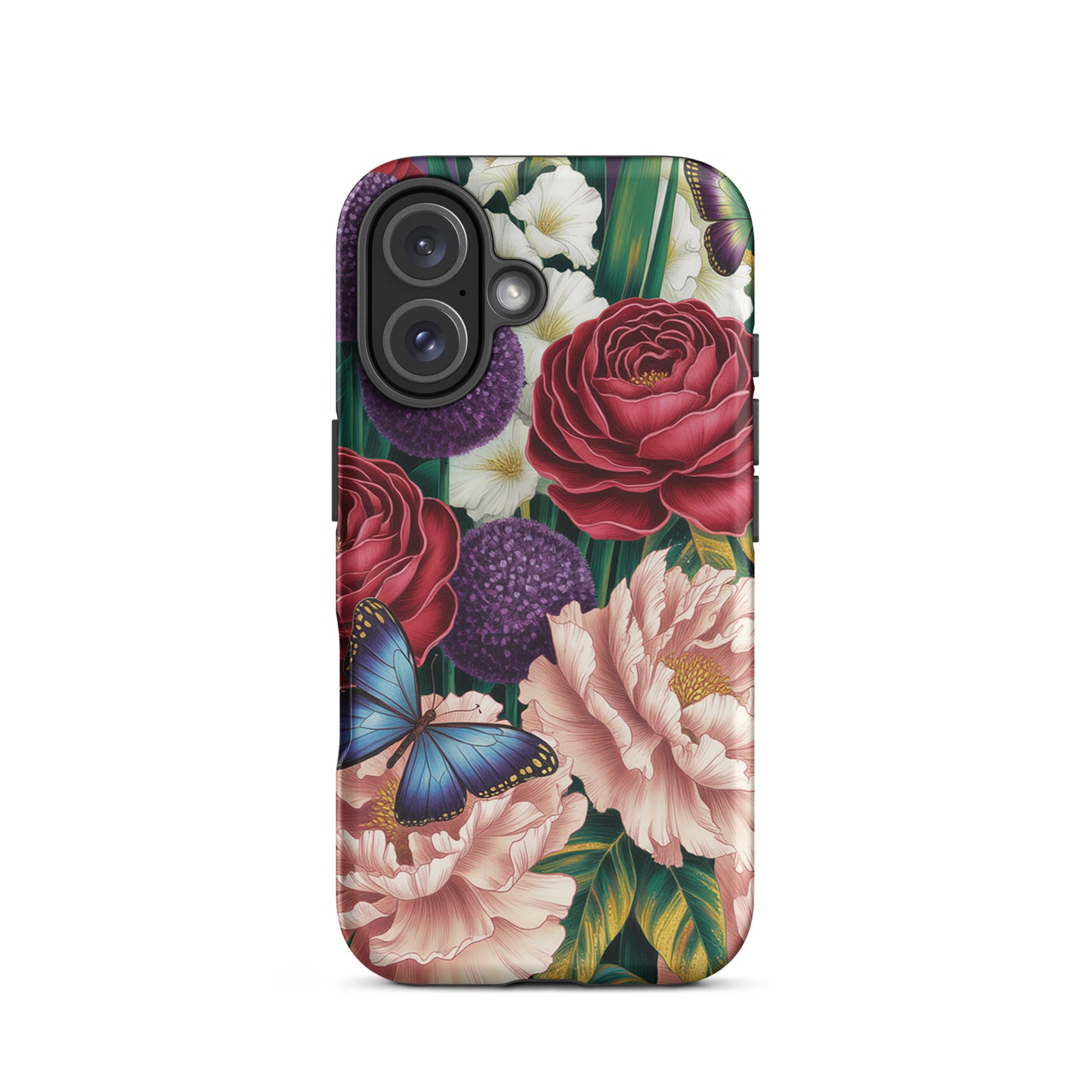 Phone Case with crimson roses, pink peonies, purple alliums, and blue butterflies in botanical garden design for iPhone.