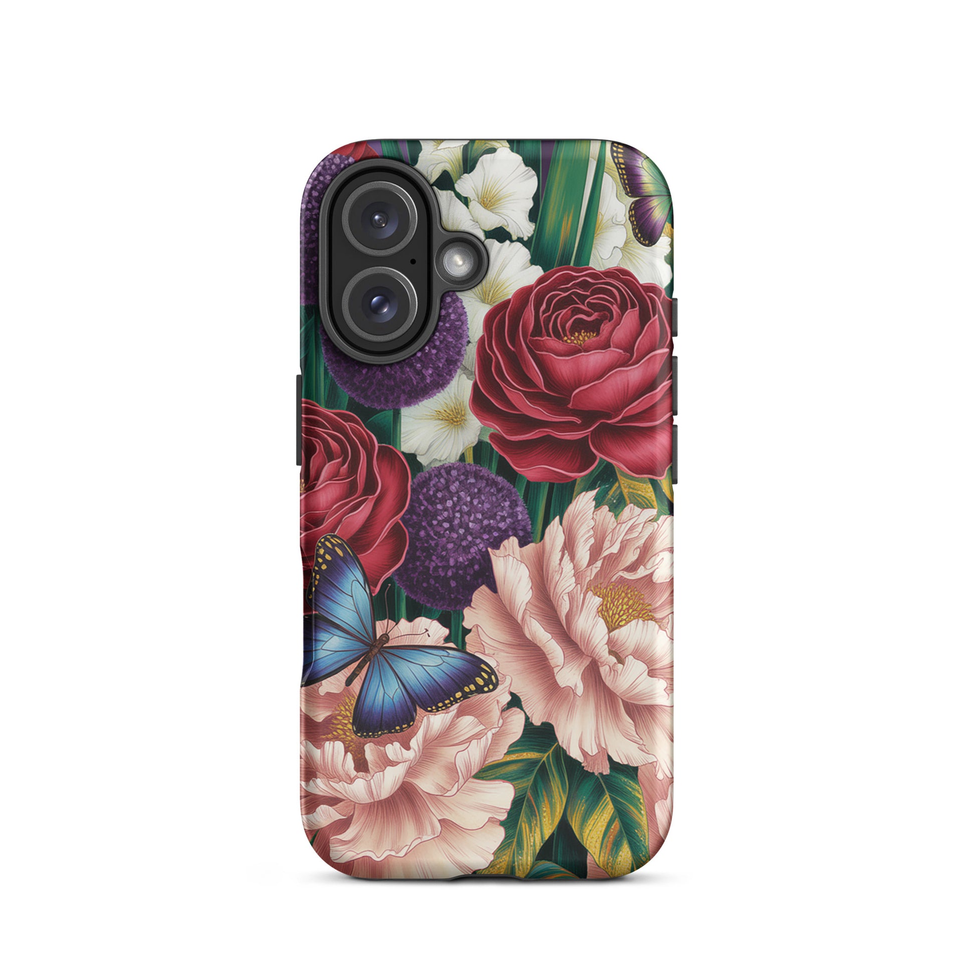 Phone Case with crimson roses, pink peonies, purple alliums, and blue butterflies in botanical garden design for iPhone.