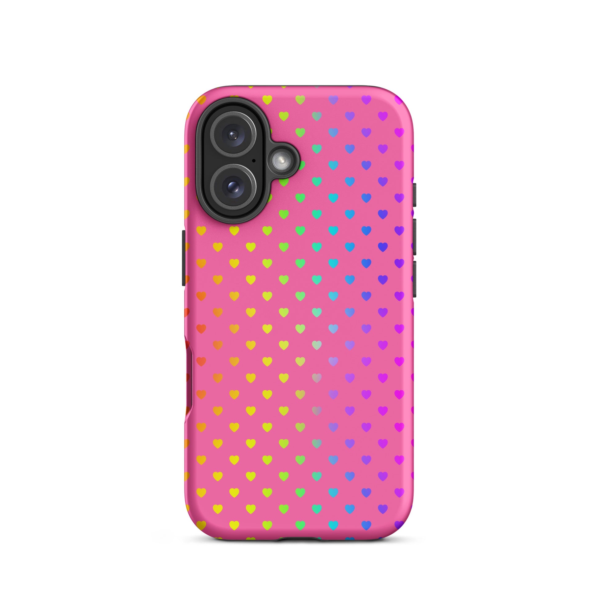 Phone Case for iPhone featuring a cute rainbow heart design on a pink background, enhancing device charm and protection.