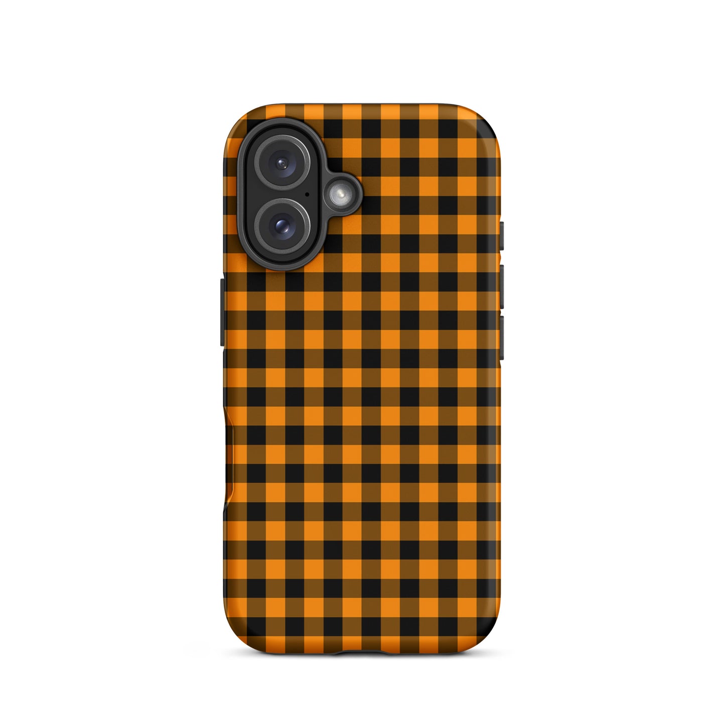 Black-and-orange gingham phone case for iPhone with modern autumn theme design, blending chic style and durability.