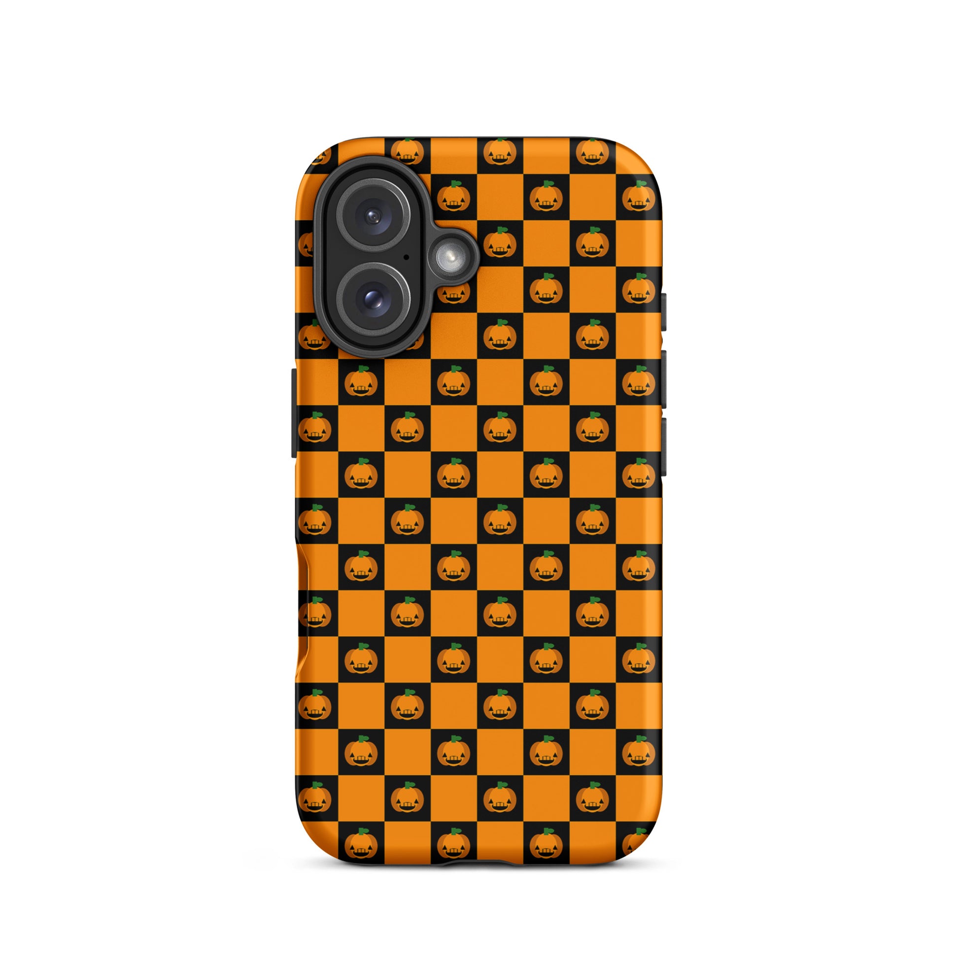 Phone Case with playful pumpkin checkered Halloween design, featuring orange and black squares and jack-o’-lanterns for iPhone.
