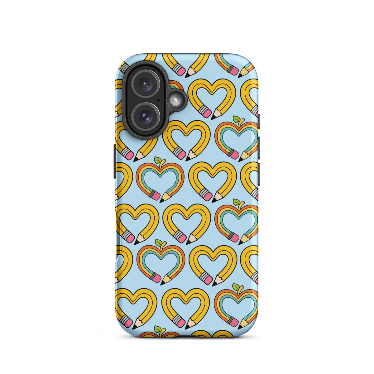 Phone Case with playful pencil-heart pattern on iPhone, whimsical design for back-to-school charm with leaves symbolizing growth.