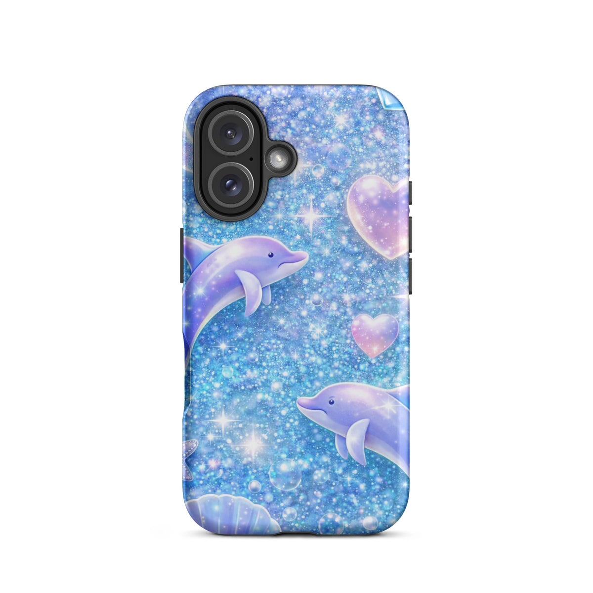 Phone Case for iPhone with ocean glitter design, featuring dolphins, moons, and shells in a fantasy celestial night sky theme.