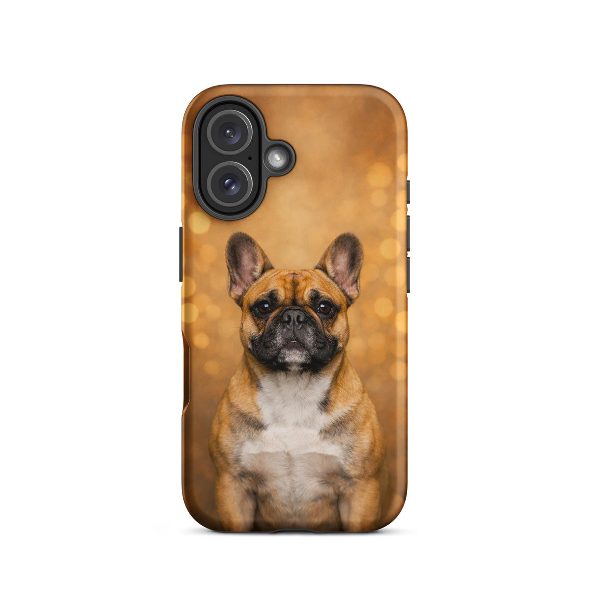 Phone Case for iPhone featuring a charming French Bulldog portrait with a warm golden bokeh background, enhancing everyday style.