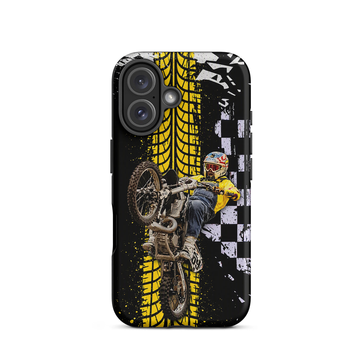 Phone Case for iPhone featuring Ronnie Mac air-wheelie, bold motocross design with yellow tire and checkerboard pattern.