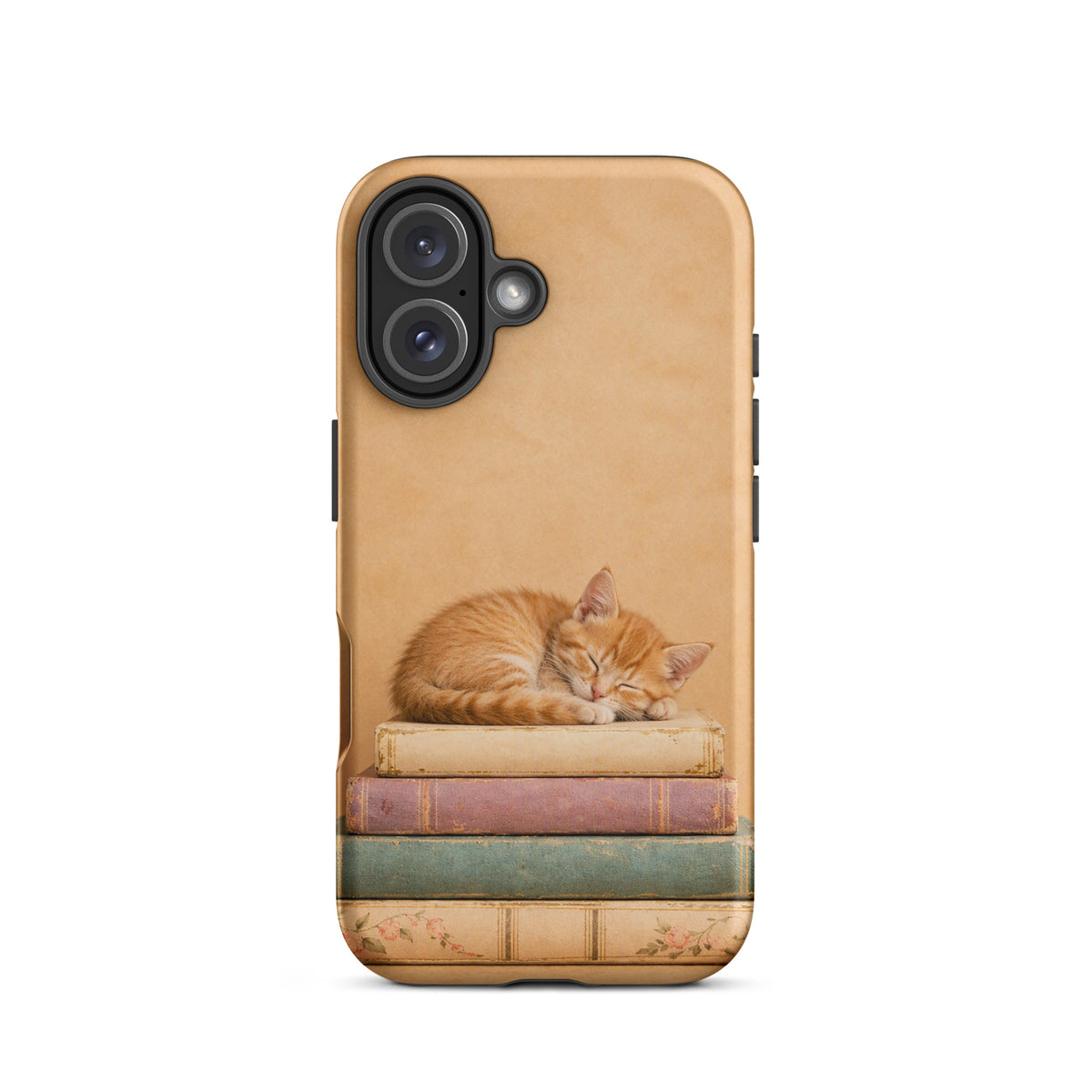 Phone Case with Sleeping Kitten on Vintage Books design for iPhone.
