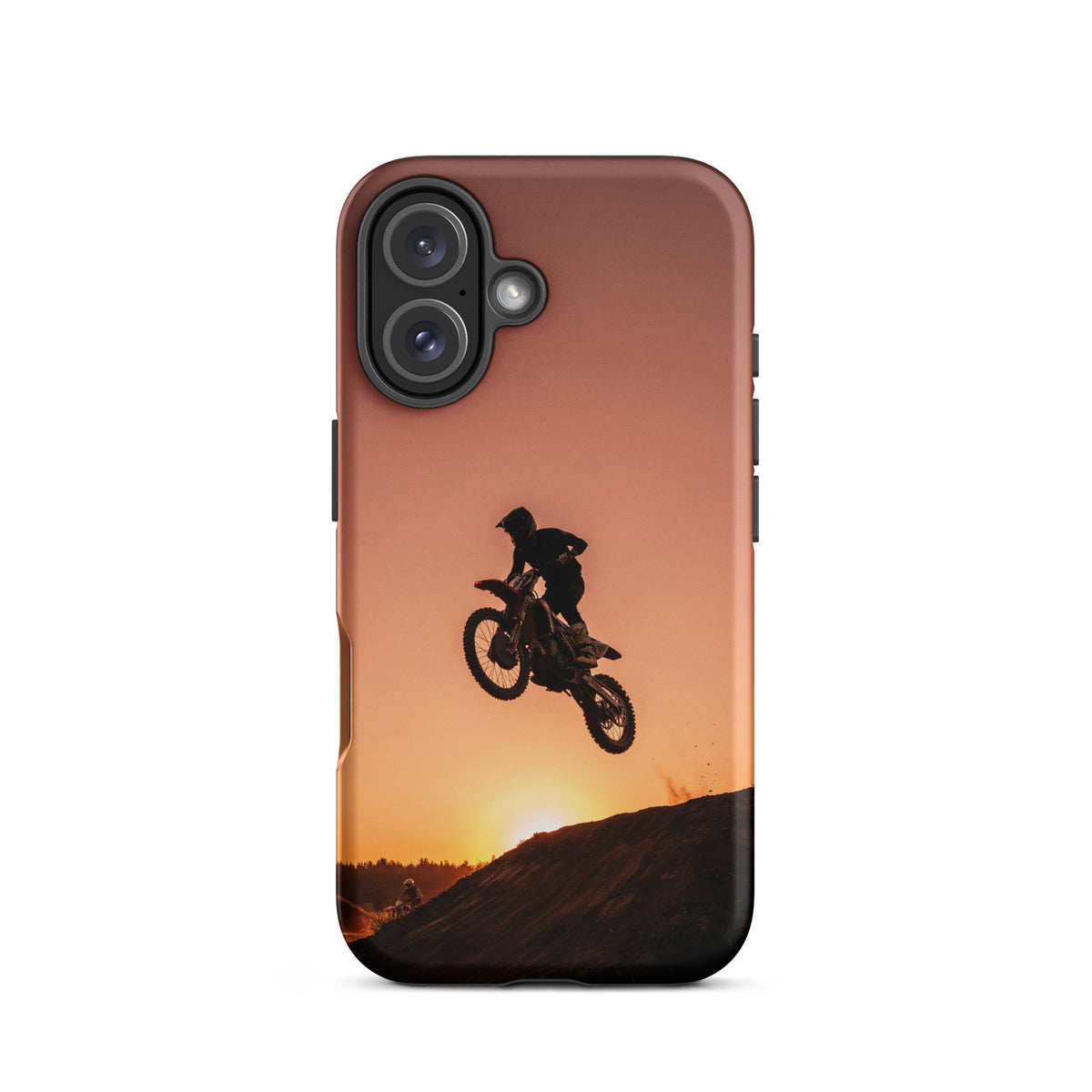 Phone Case for iPhone featuring motocross dirt bike jump against sunset colors, with copper and burnt orange hues.