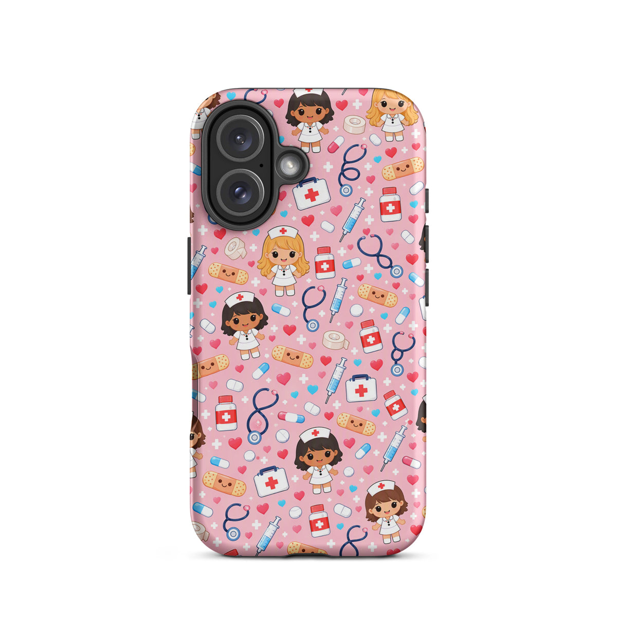Phone Case for iPhone with kawaii nurse medical pattern on pink background with cute healthcare symbols.