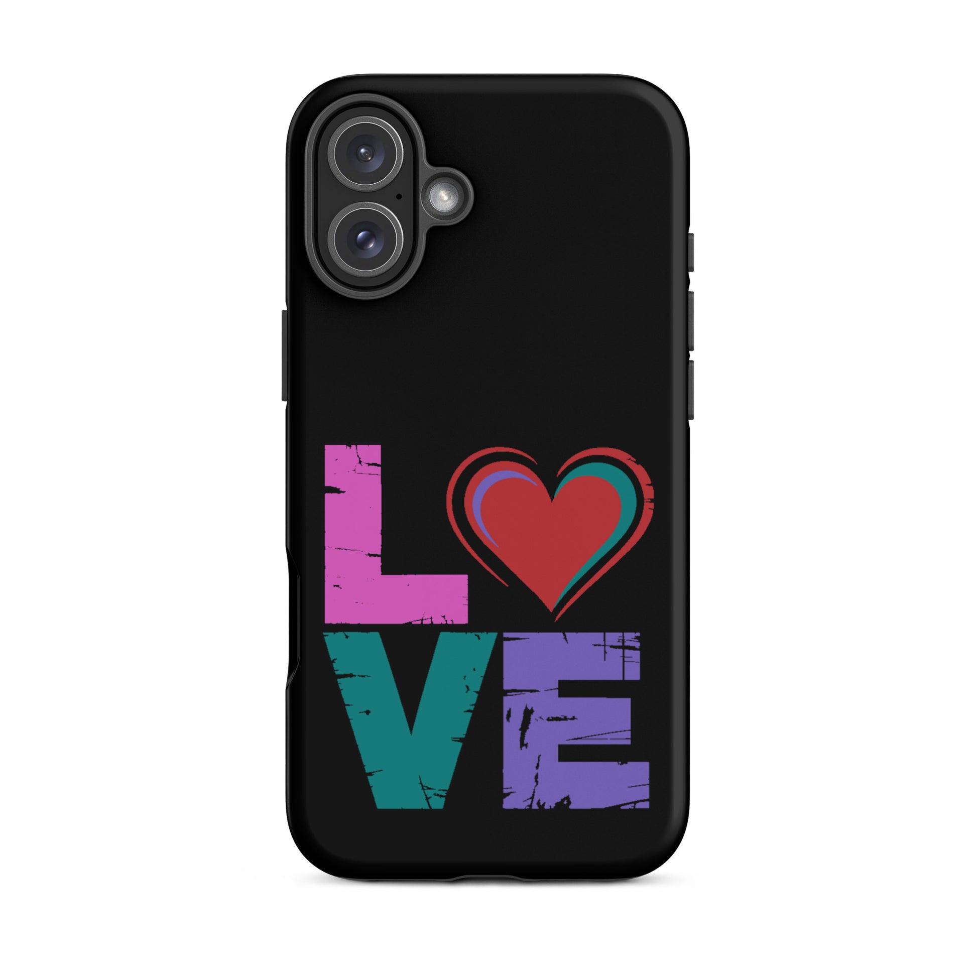 Love Tough Dual Layered Case for iPhones showcasing a colorful love design with a heart.