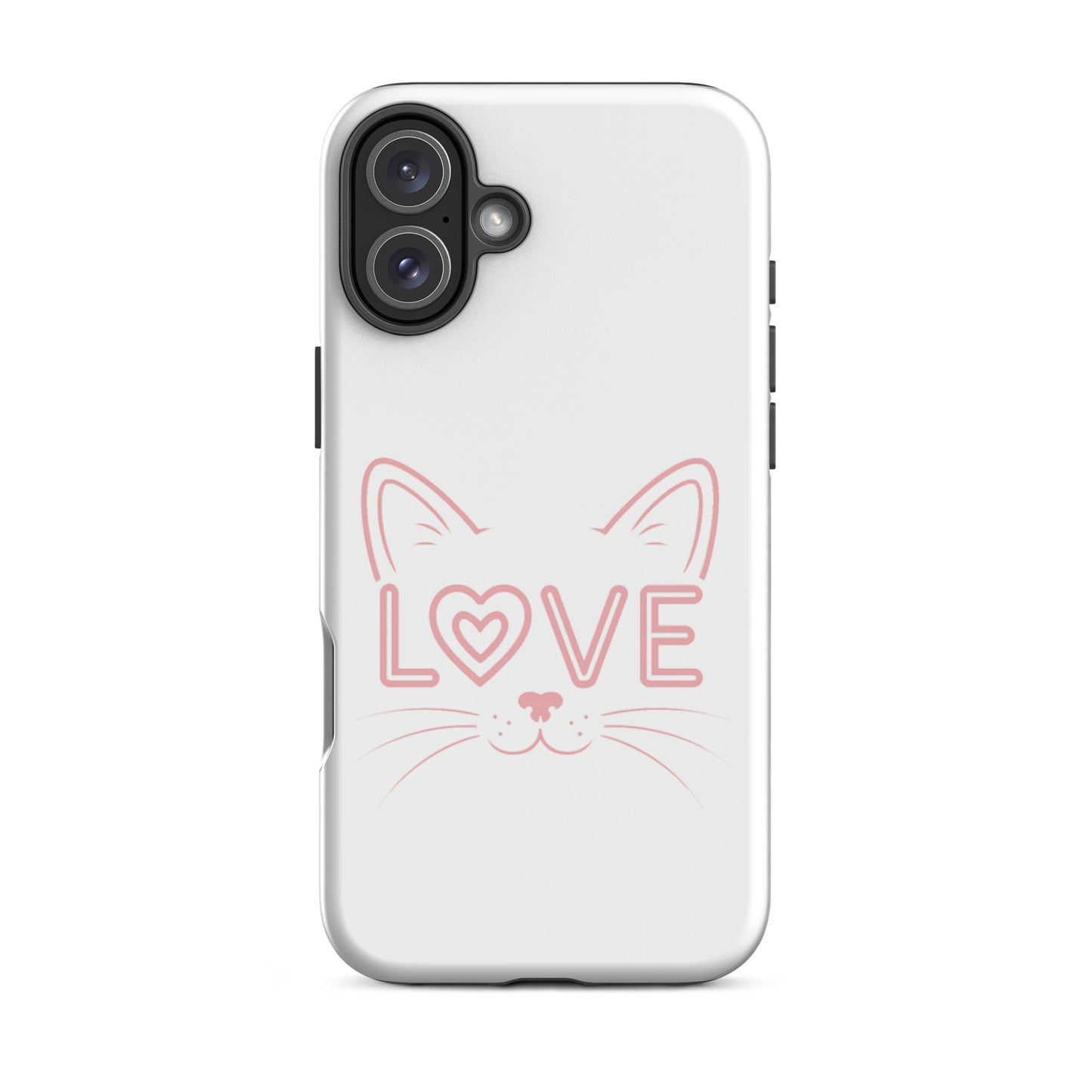 Cat Love Phone Case featuring minimalist cat face design with the word 'LOVE' in pink, perfect for cat lovers.