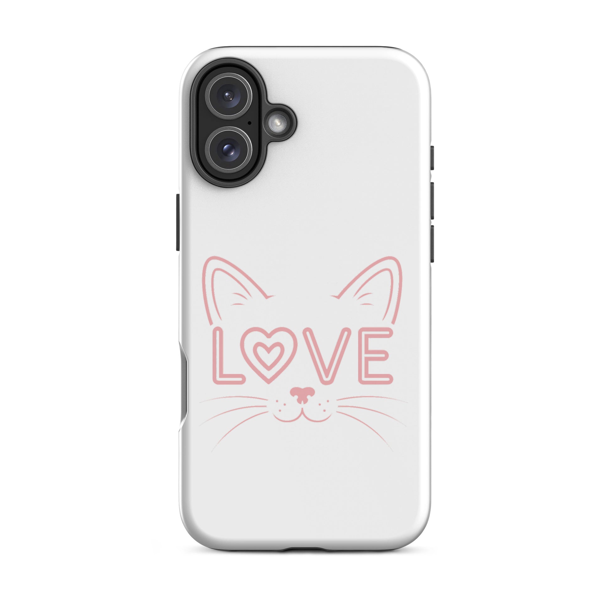 Cat Love Phone Case featuring minimalist cat face design with the word 'LOVE' in pink, perfect for cat lovers.