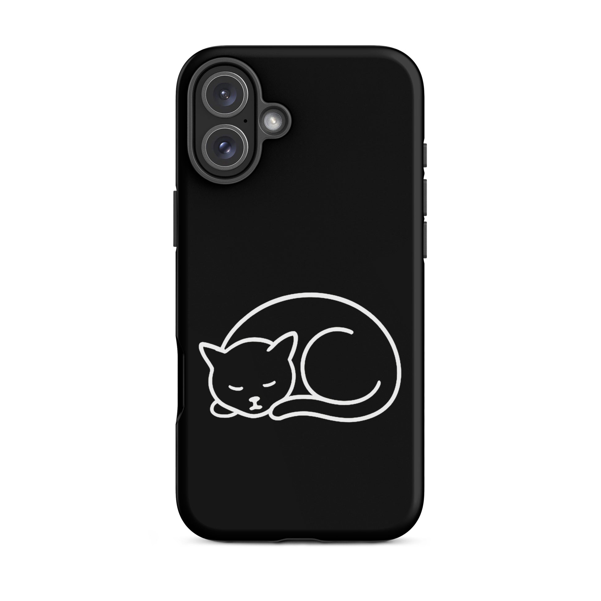 Phone case for iPhone featuring a minimalist curled-up cat design on a black background.
