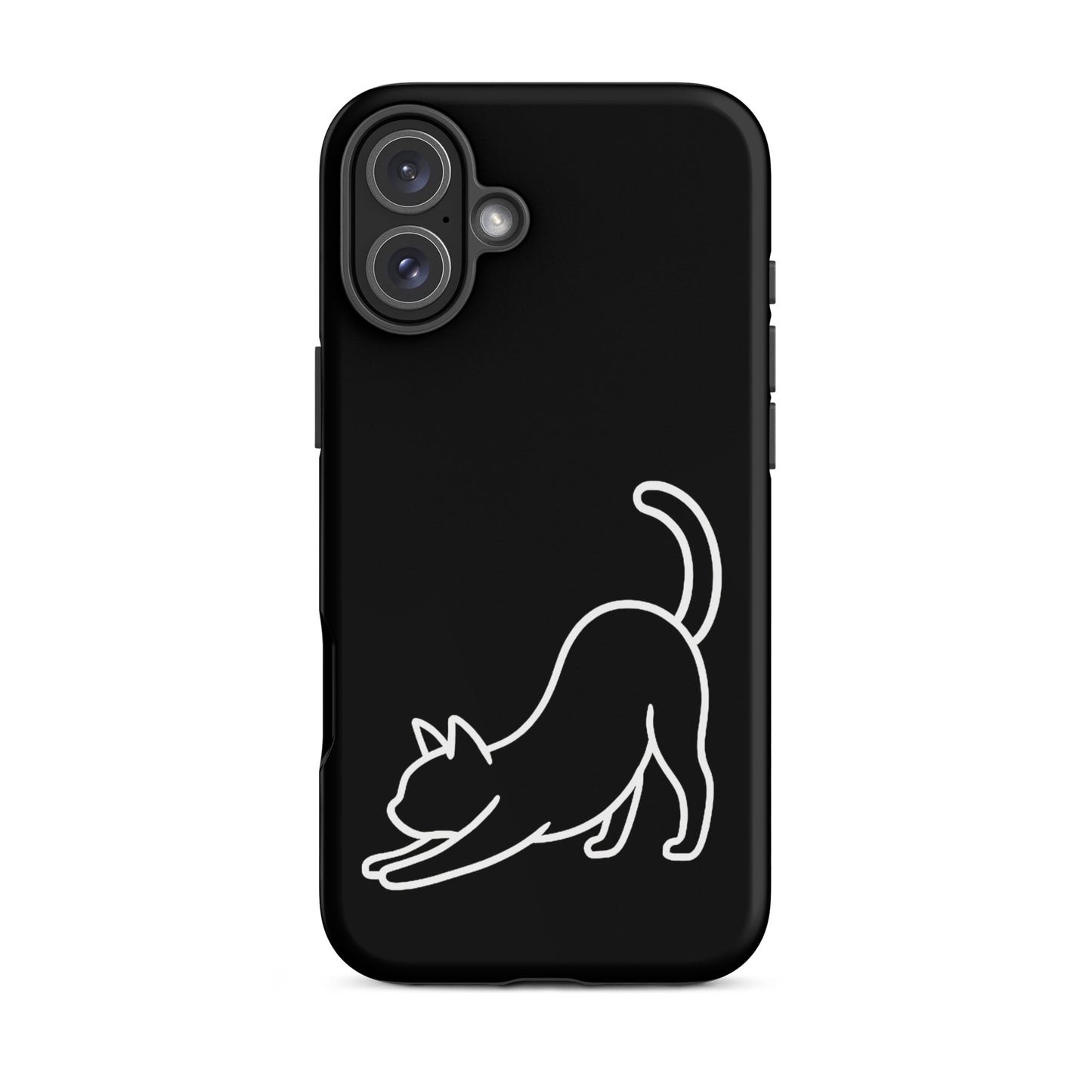 Phone Case featuring minimalist stretching cat design on a sleek black background for stylish protection.