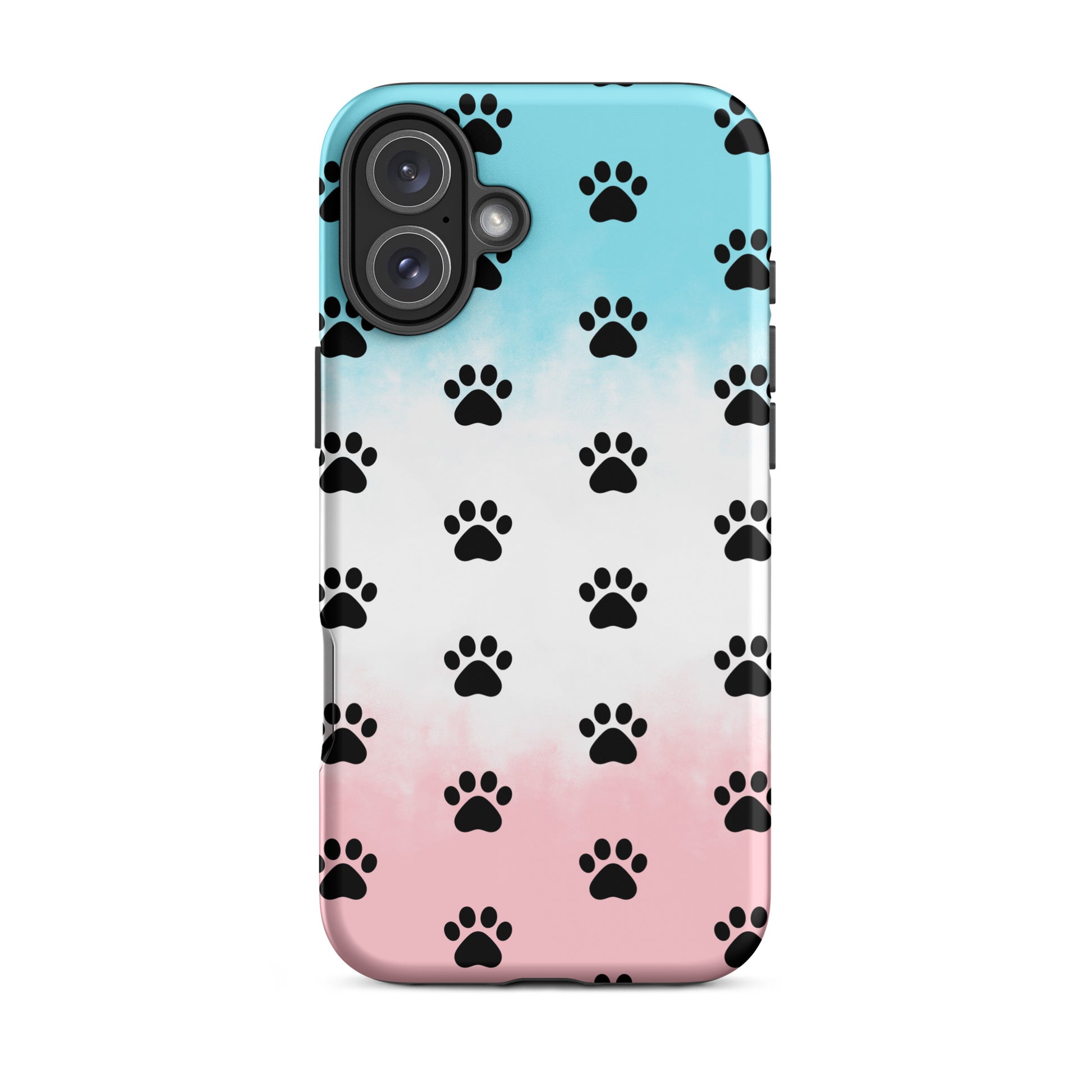 Phone Case for iPhone featuring a playful paw print pattern in black on a gradient background.