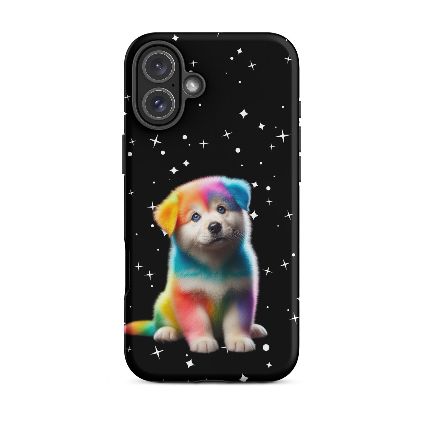 Phone Case featuring a colorful rainbow puppy against a starry night sky design, perfect for pet lovers.