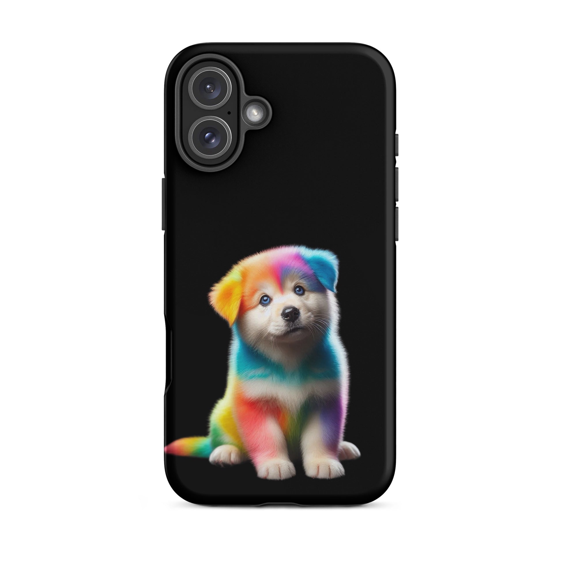 Phone Case featuring a colorful rainbow puppy design on a black background, perfect for bold pet lovers.