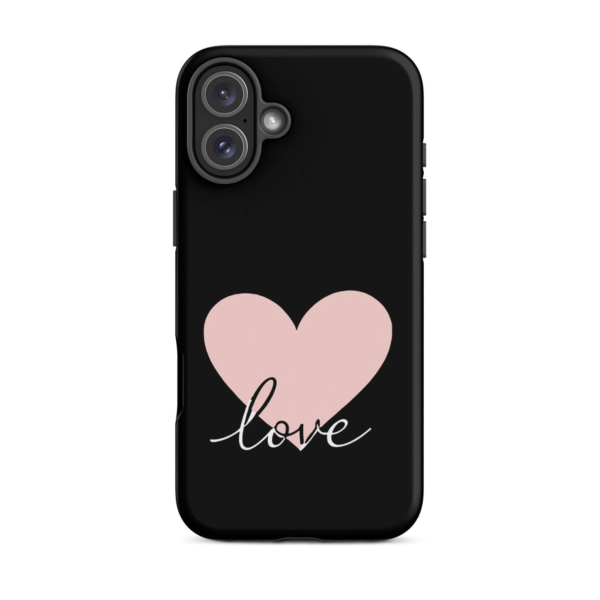 Phone Case for iPhone featuring a pink heart and script 'love' design on a black background.