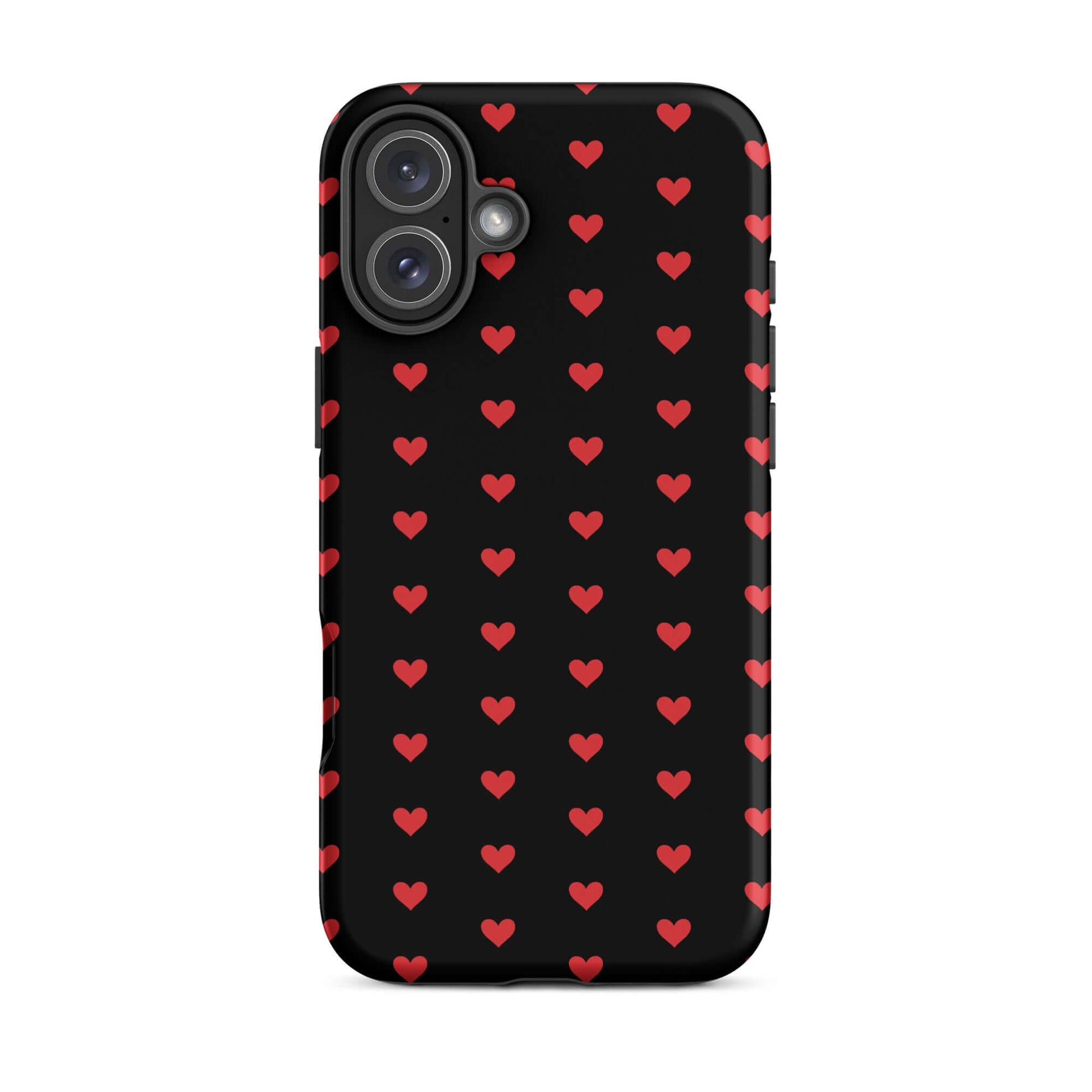 Phone Case for iPhone featuring fiery red hearts on a black background, offering stylish protection.